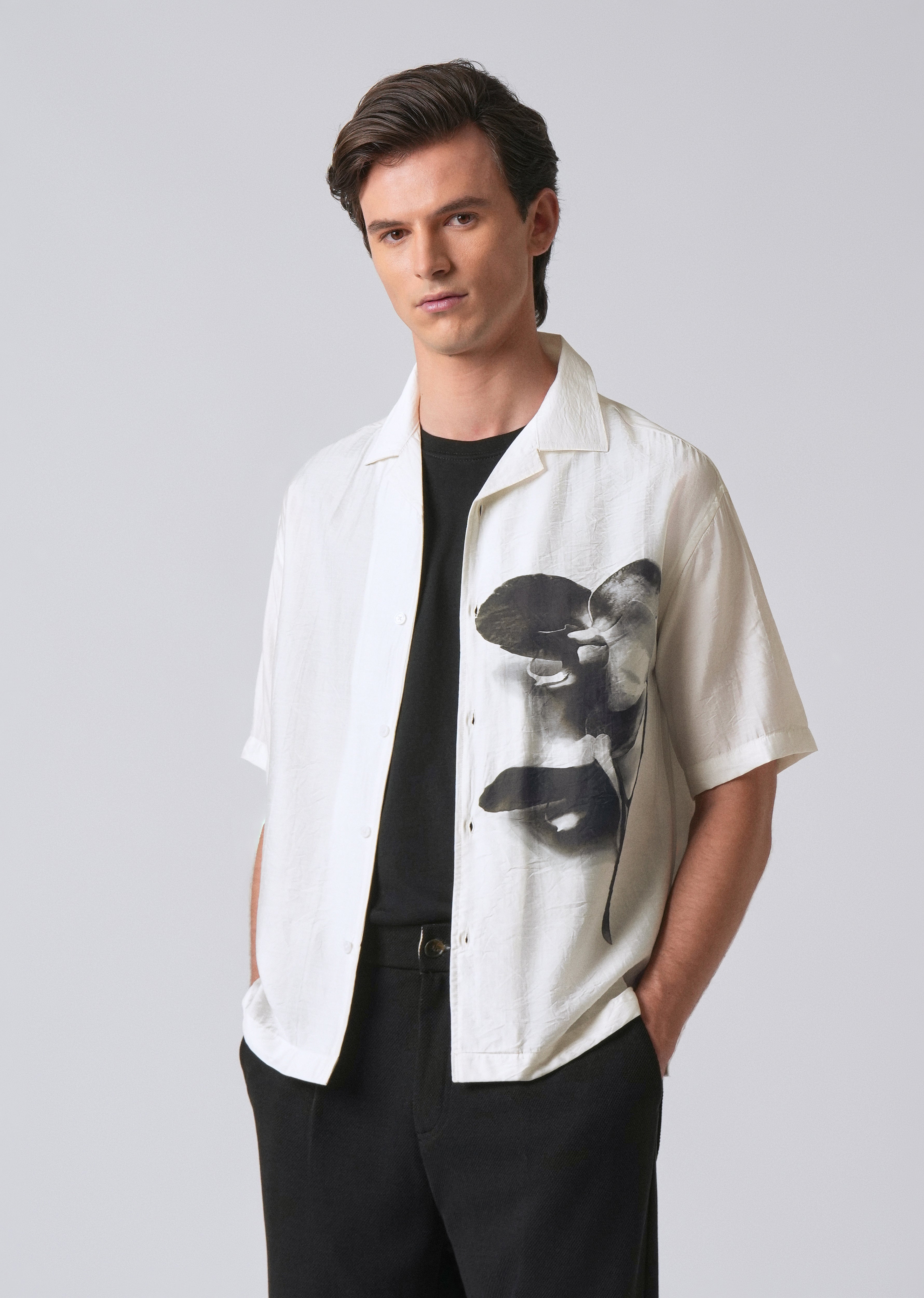 White Ink Wash Floral Print Shirt