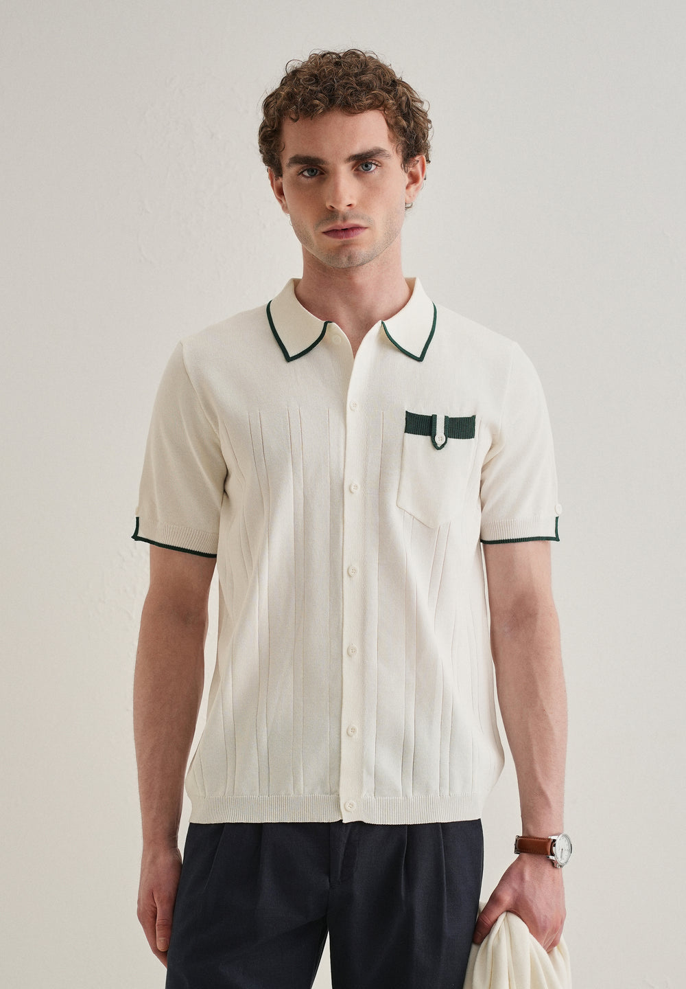 White Knitted Notch Sleeve Shirt