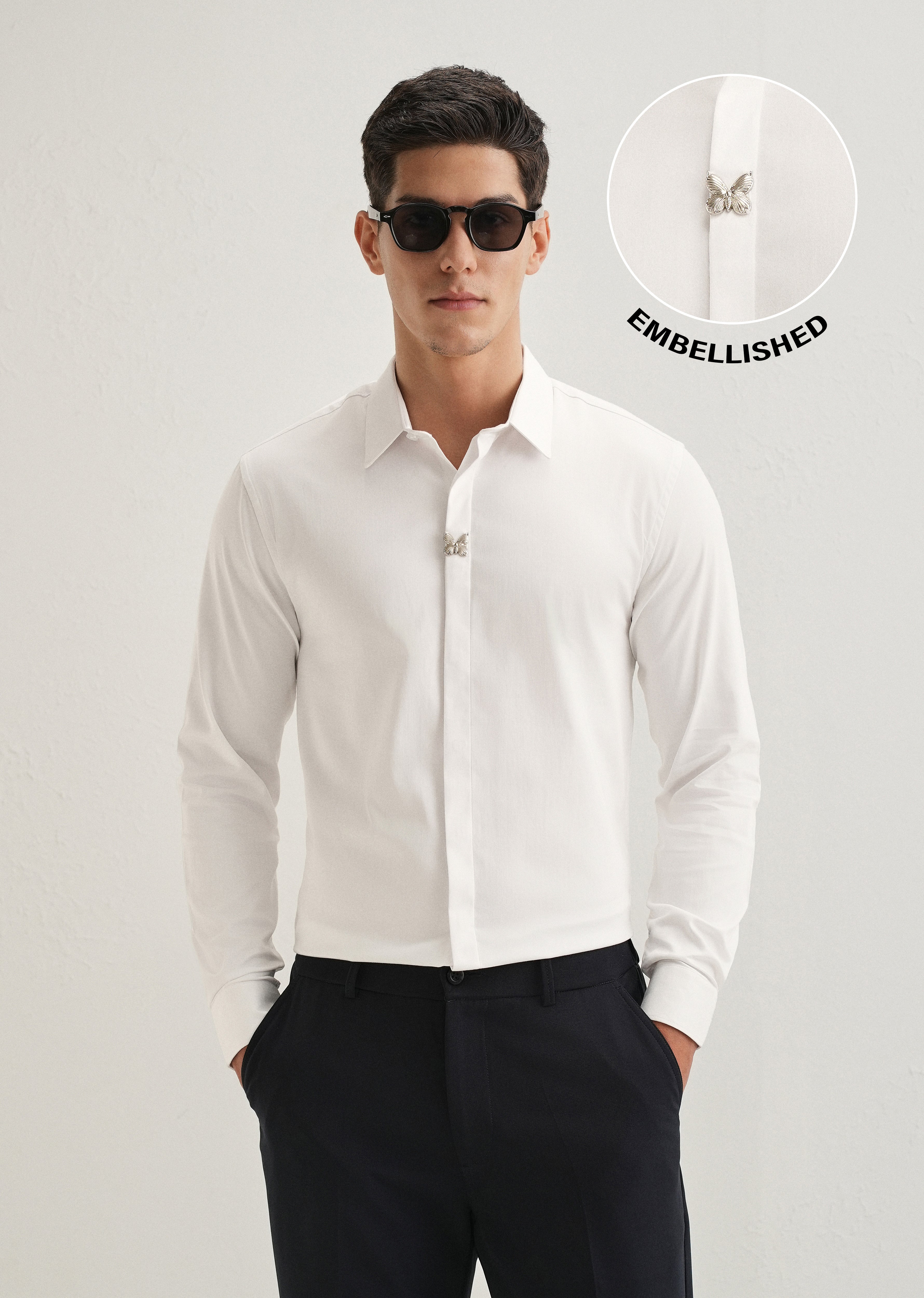 White Metallic Butterfly Designer Shirt