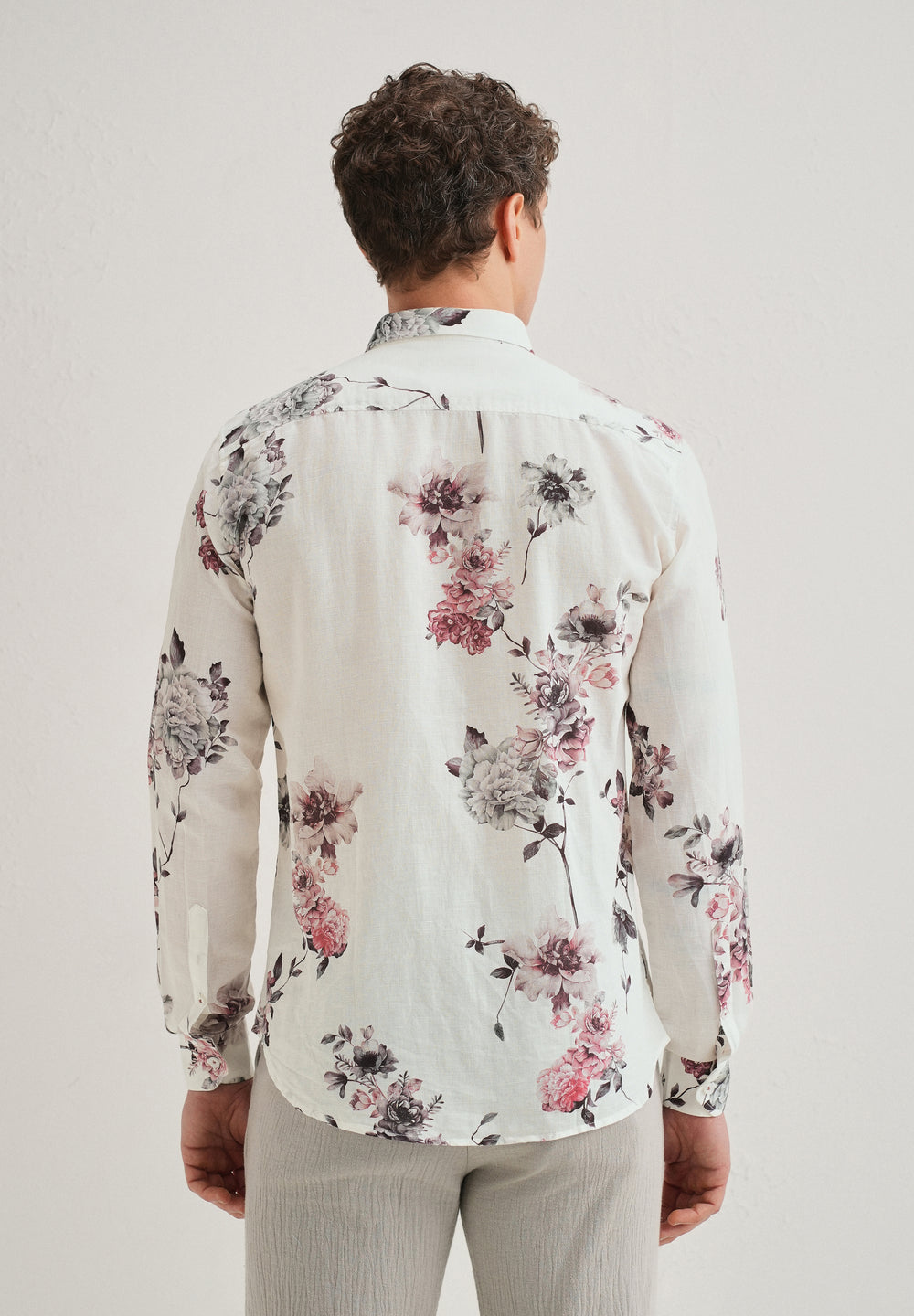 White Peony Dahlia Printed Cotton Linen Shirt