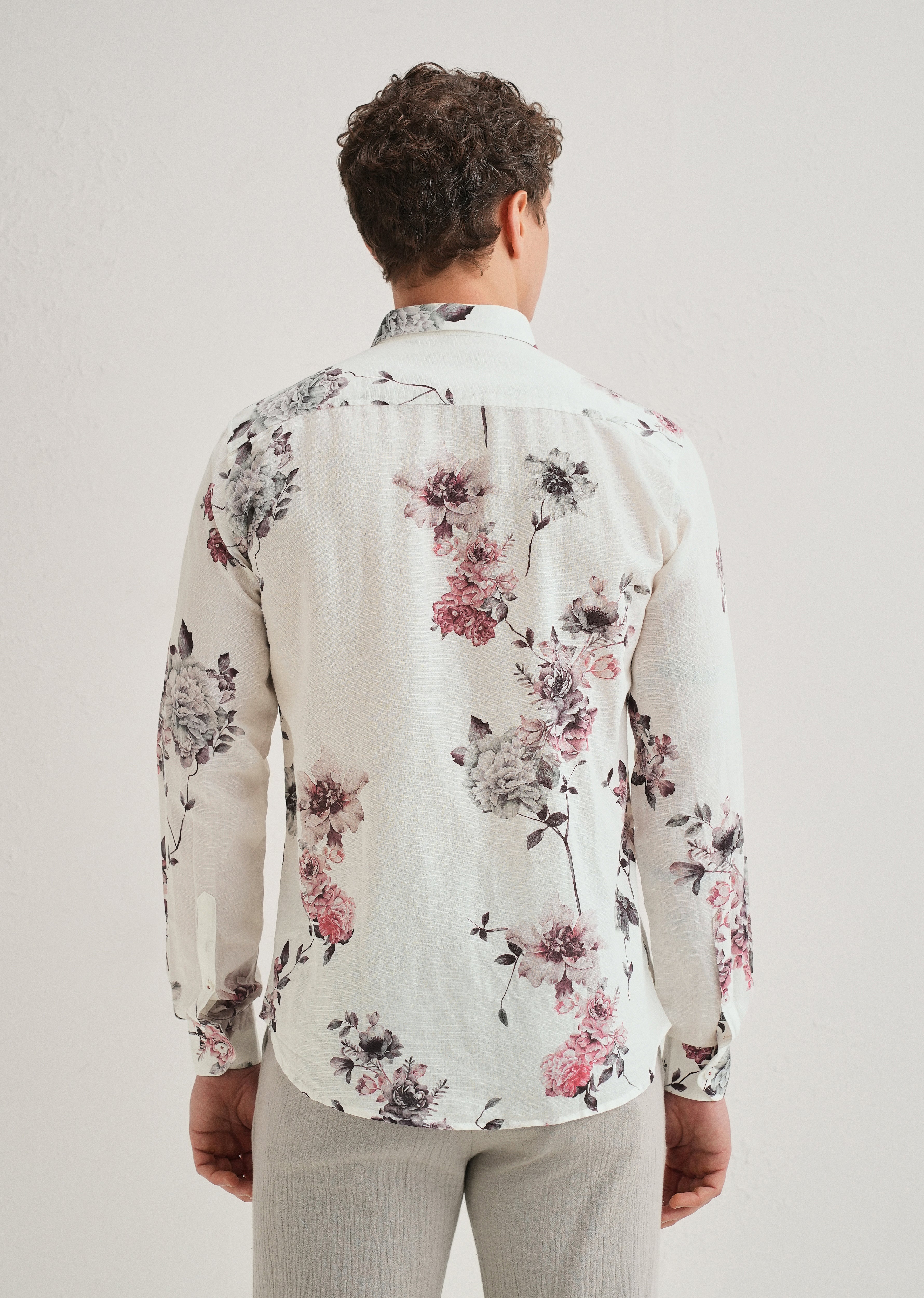 White Peony Dahlia Printed Cotton Linen Shirt