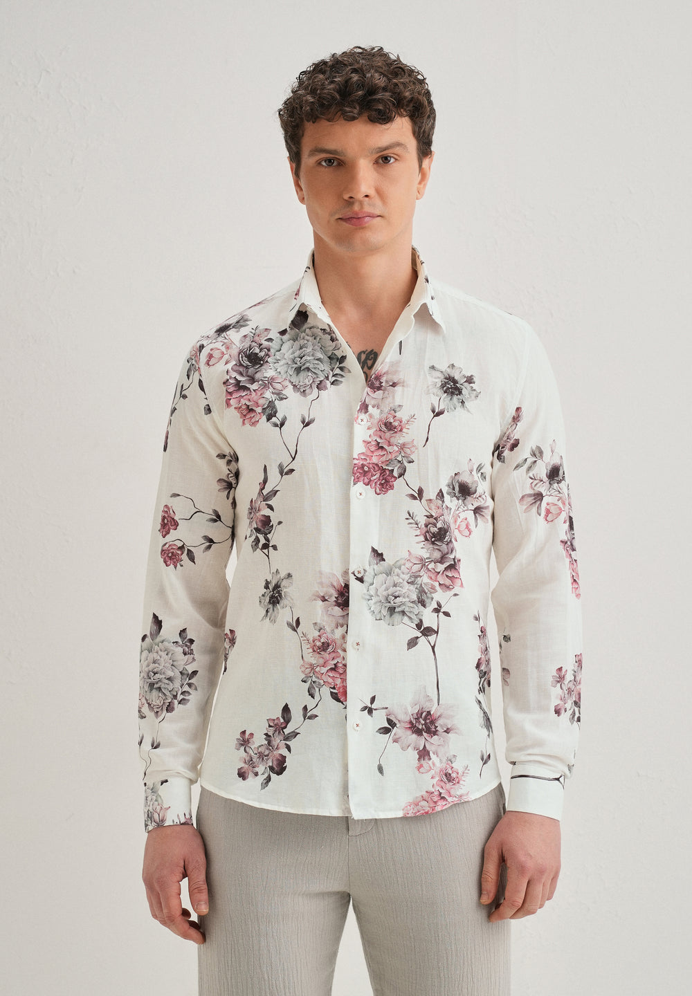 White Peony Dahlia Printed Cotton Linen Shirt