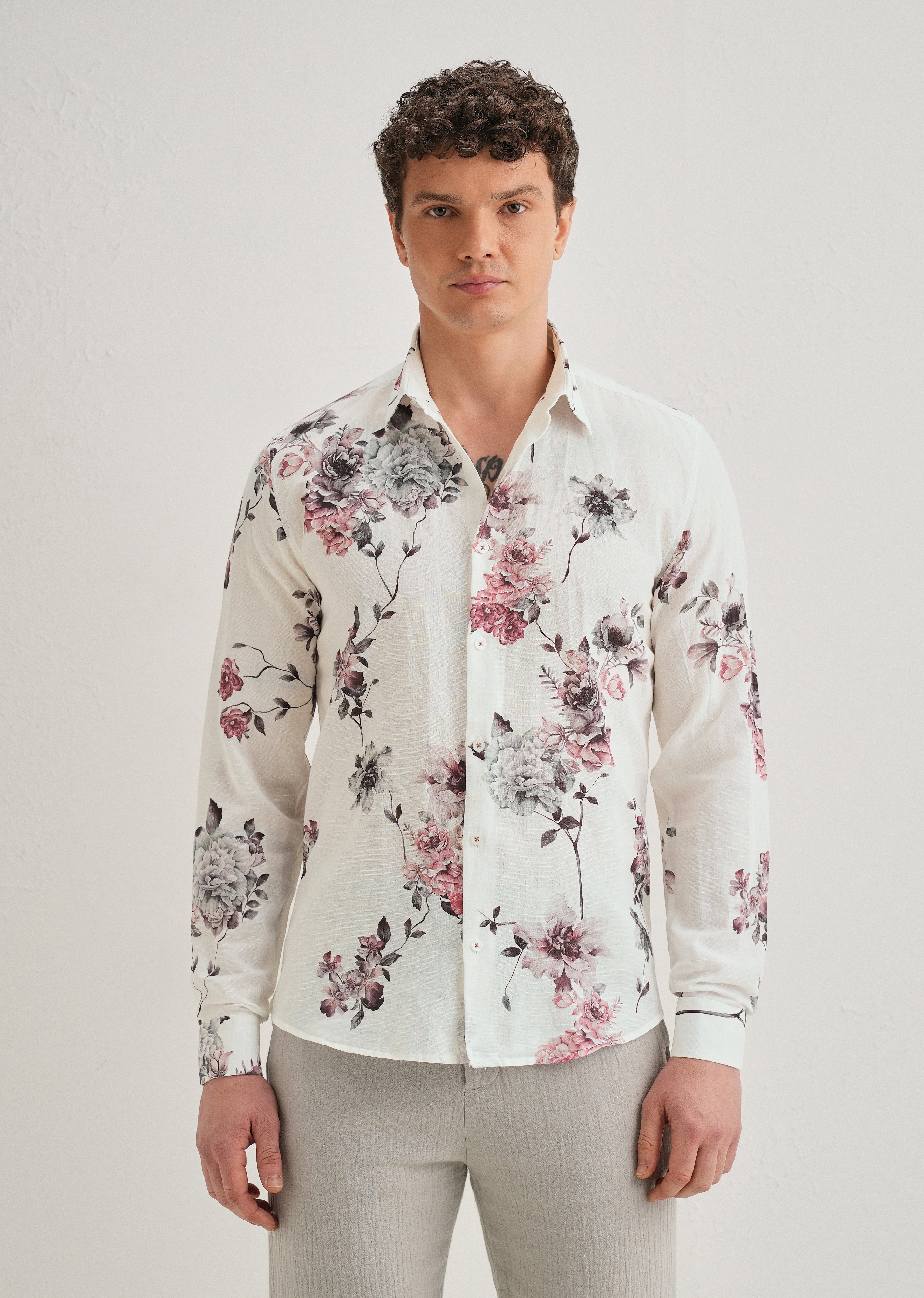 White Peony Dahlia Printed Cotton Linen Shirt