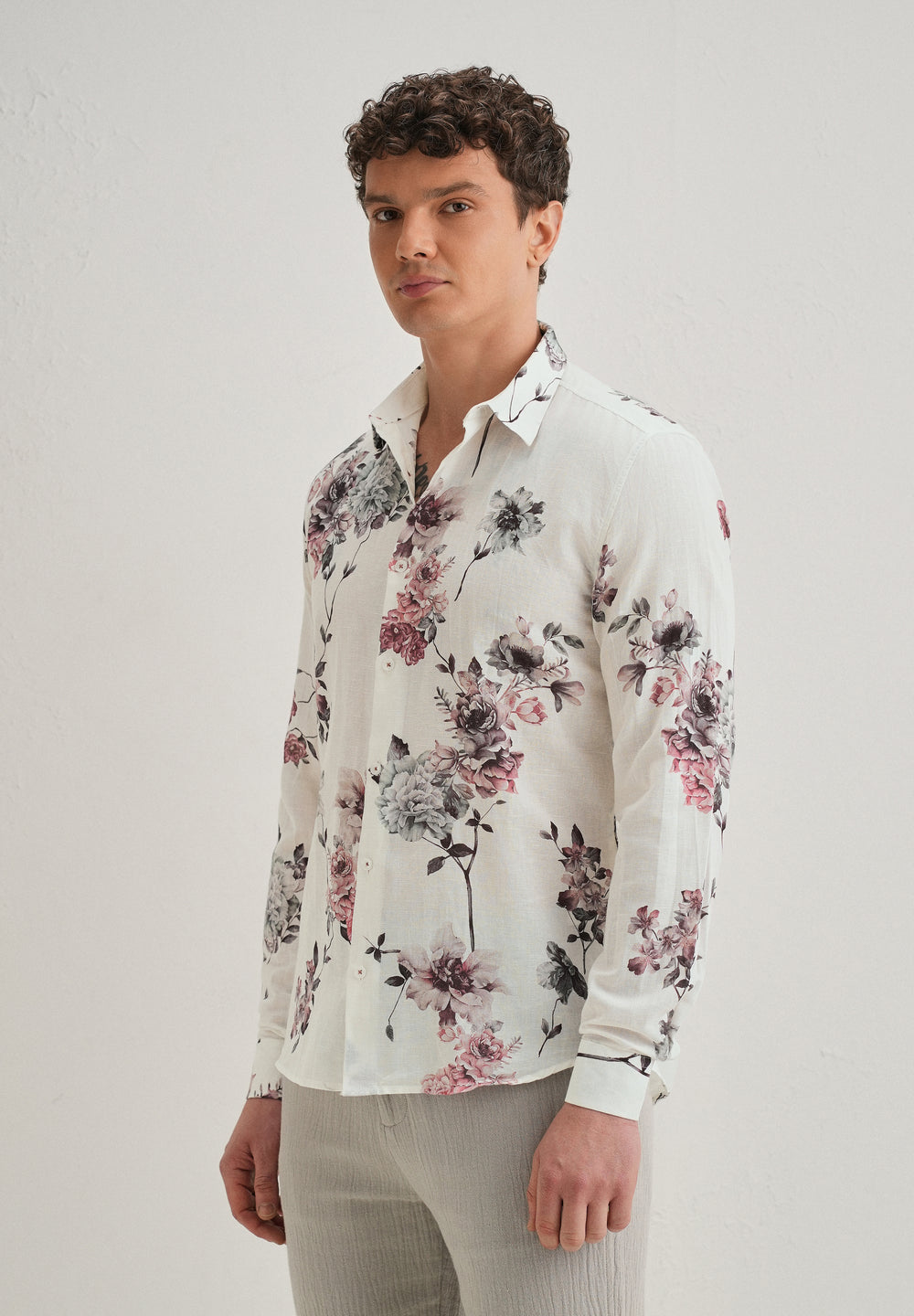 White Peony Dahlia Printed Cotton Linen Shirt