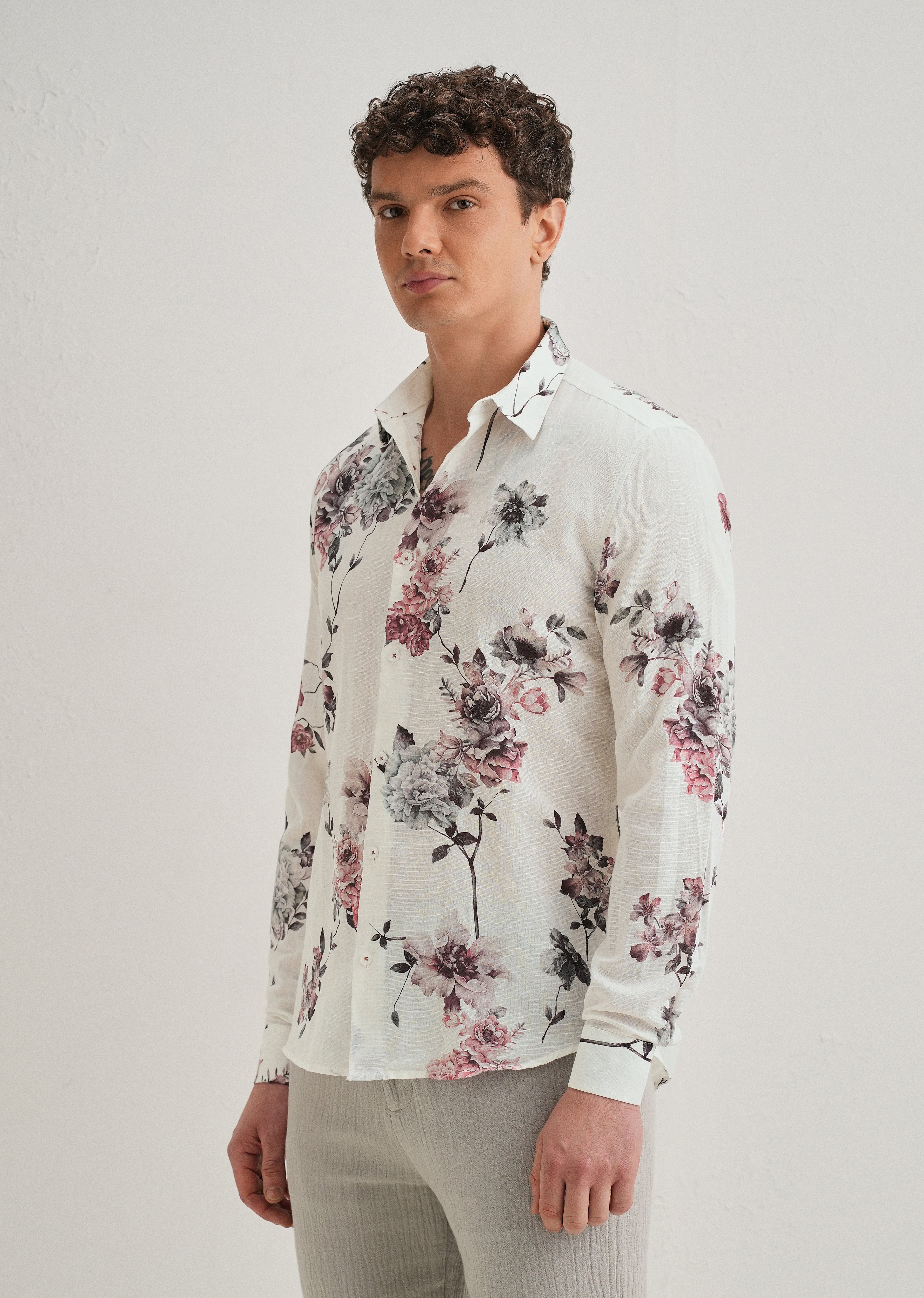White Peony Dahlia Printed Cotton Linen Shirt