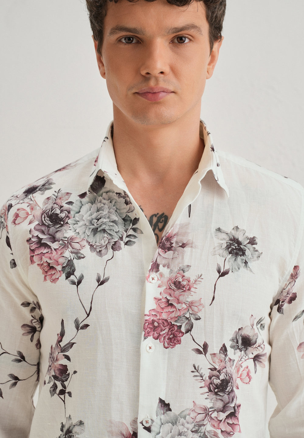 White Peony Dahlia Printed Cotton Linen Shirt