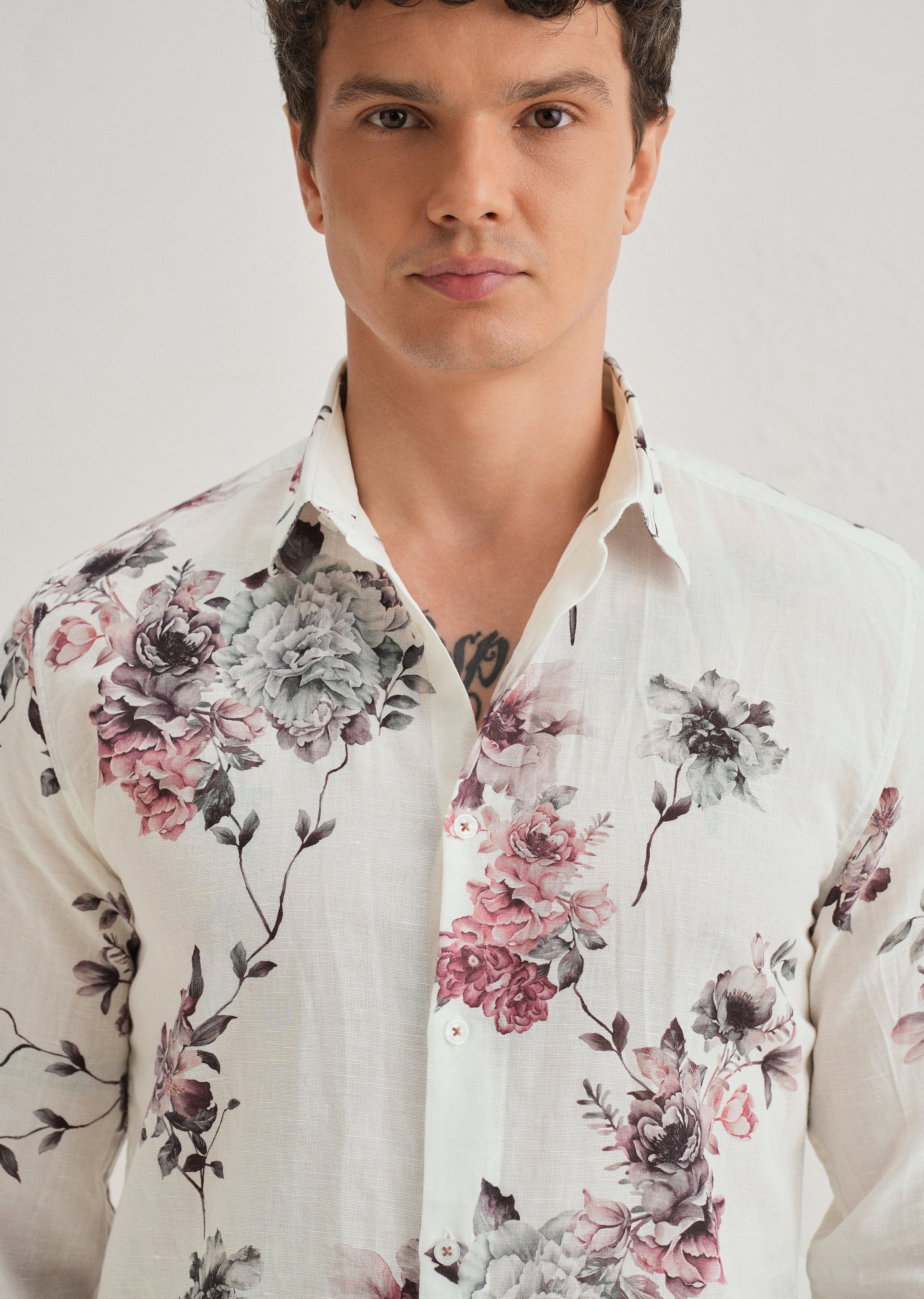 White Peony Dahlia Printed Cotton Linen Shirt