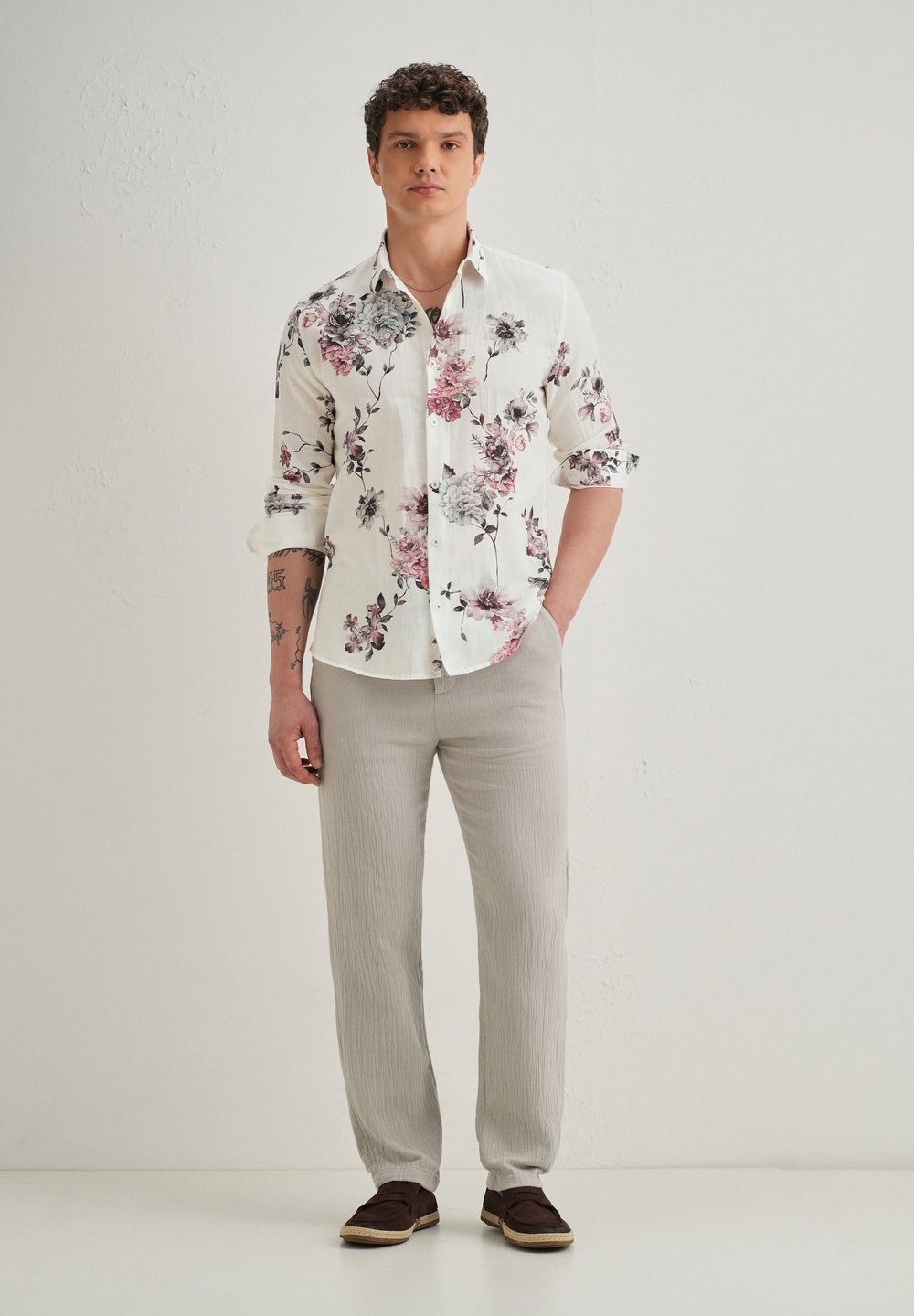 White Peony Dahlia Printed Cotton Linen Shirt