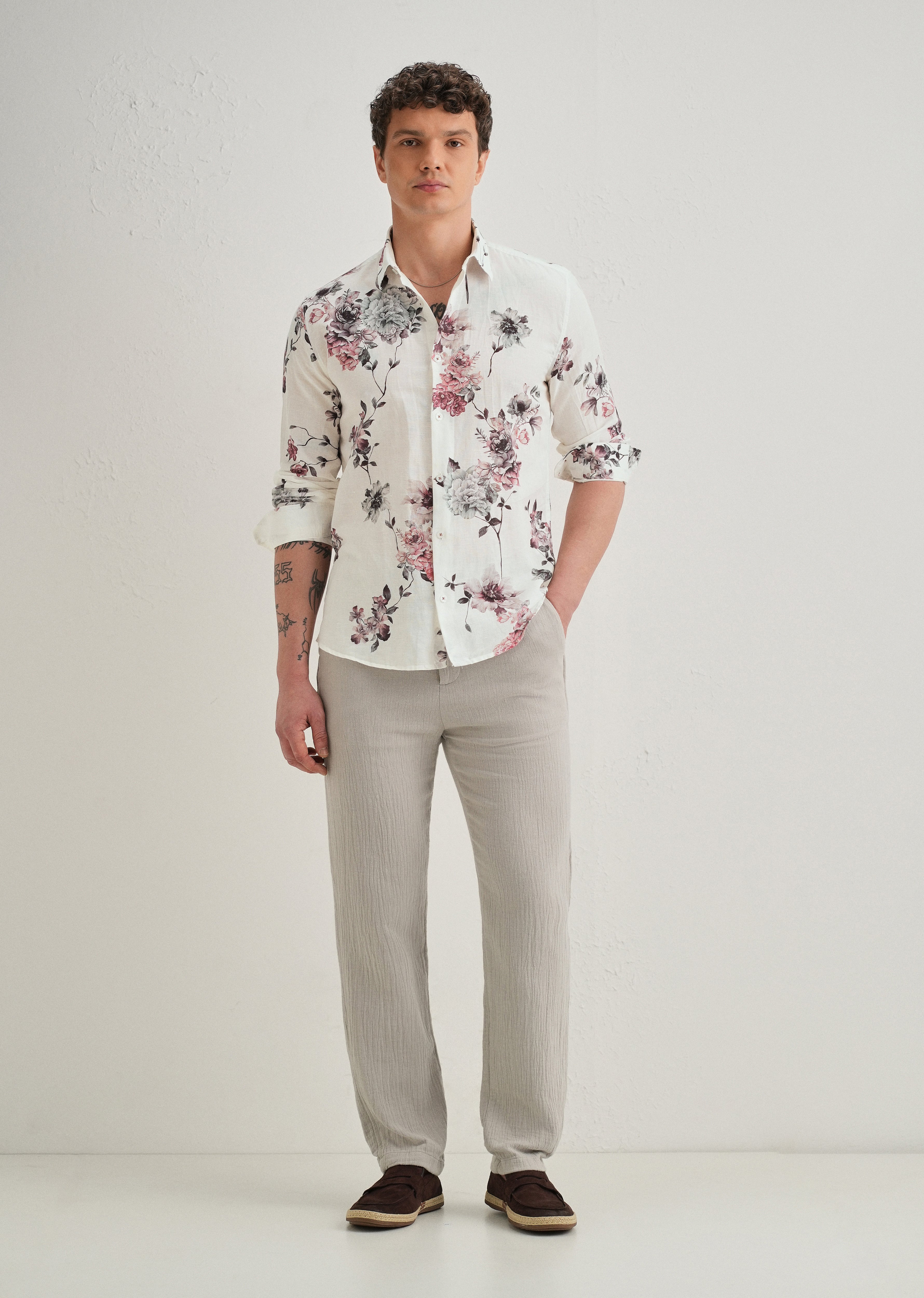 White Peony Dahlia Printed Cotton Linen Shirt