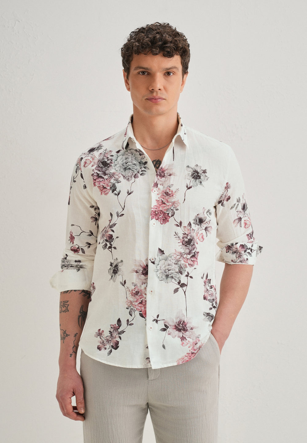 White Peony Dahlia Printed Cotton Linen Shirt