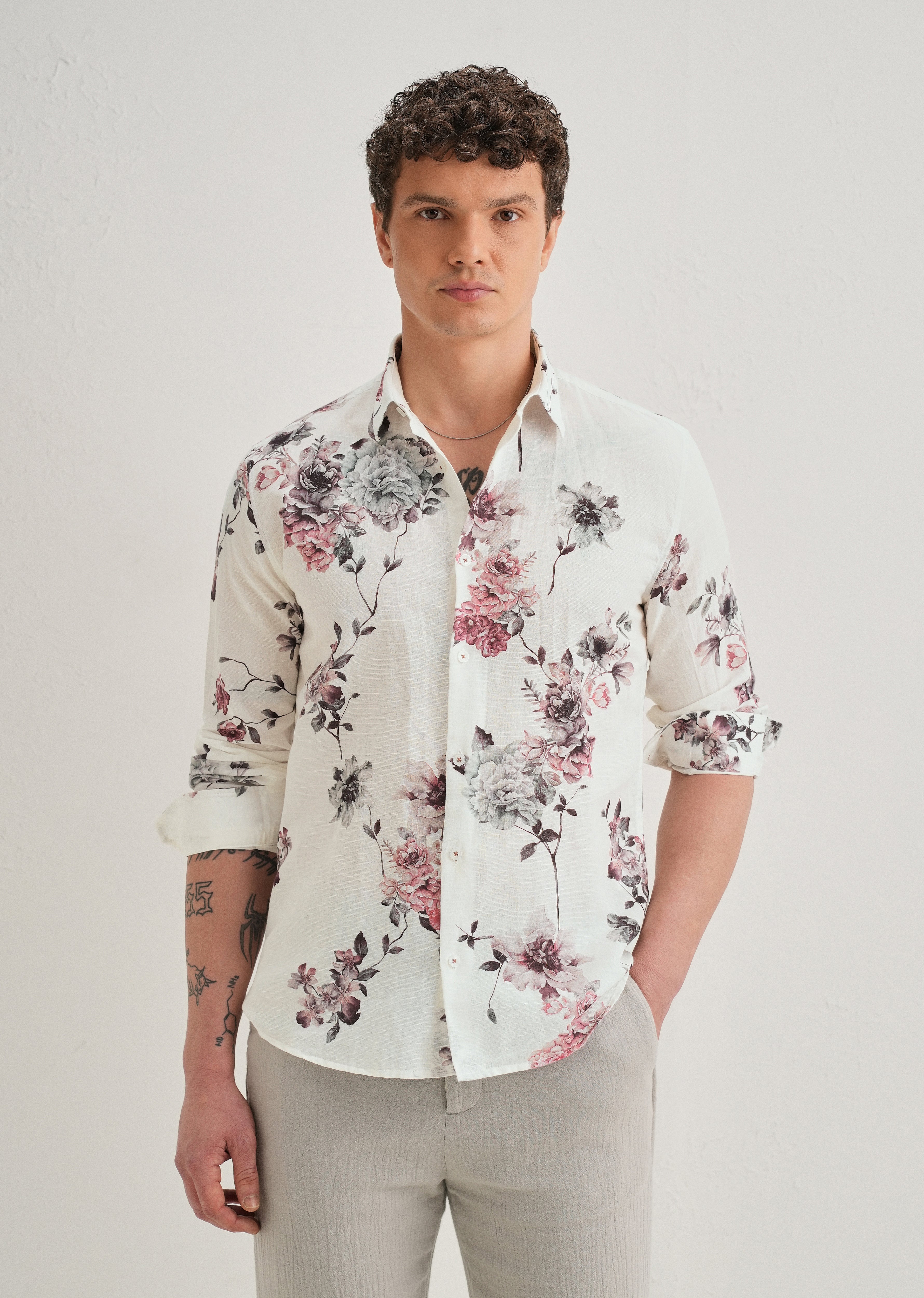 White Peony Dahlia Printed Cotton Linen Shirt