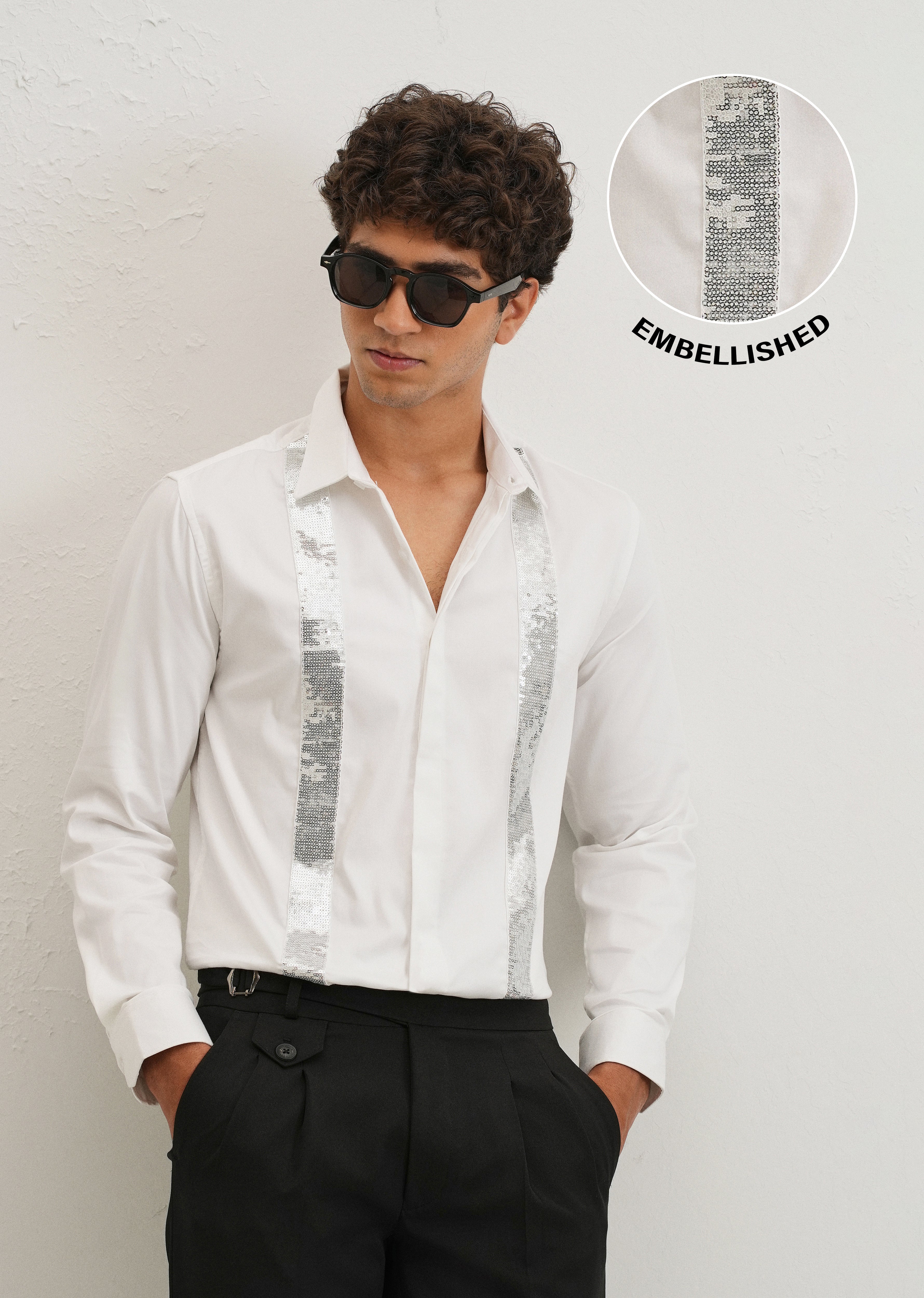 White Sequence Panel Designer Shirt
