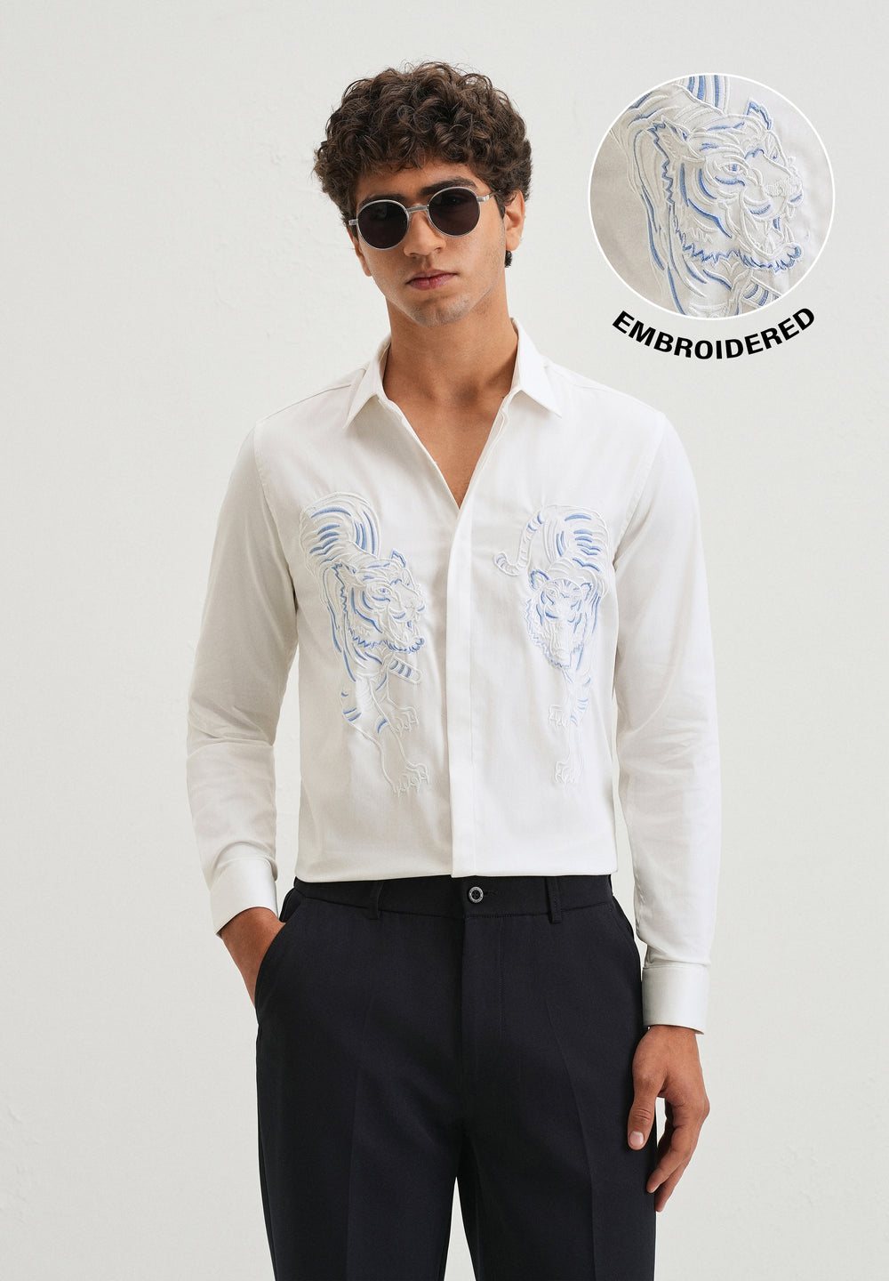 White Tiger Embroidered Designer Shirt