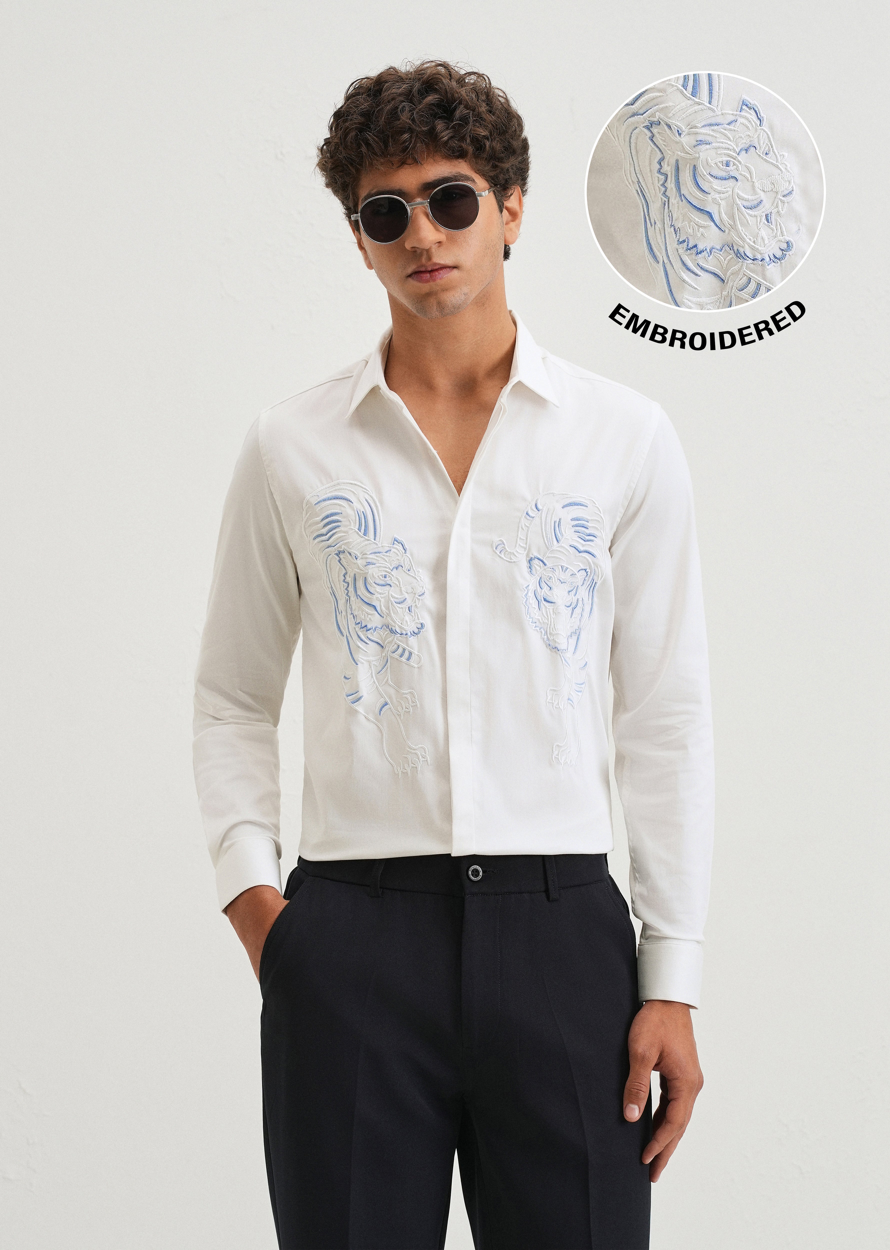 White Tiger Embroidered Designer Shirt