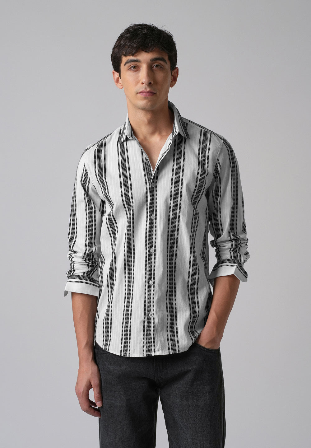 White Vertical Stripe Cotton/Linen Shirt
