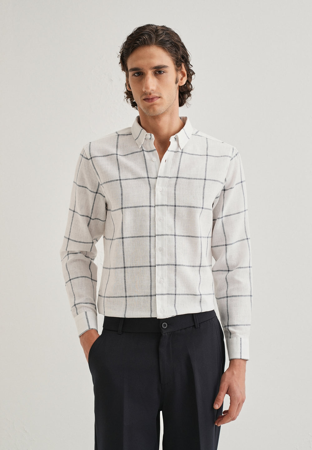 White Windowpane Check Blended Linen Shirt