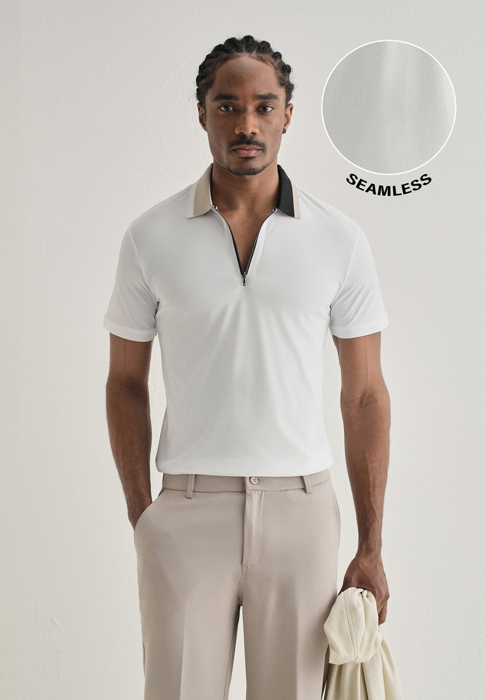 White Zipper Polo Collar Seamless T-shirt