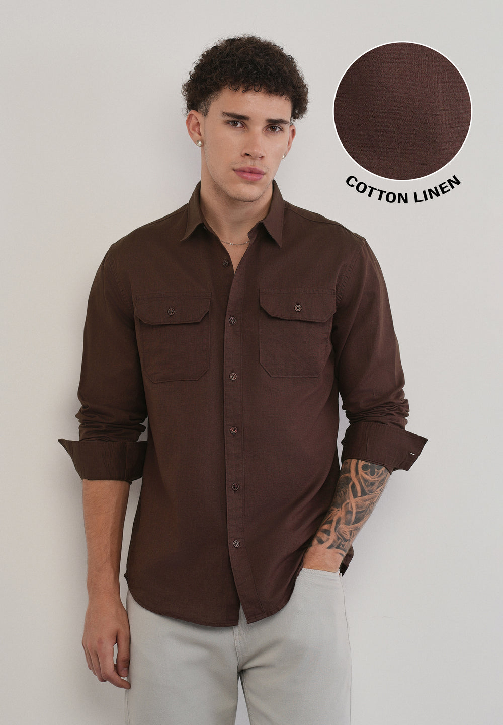 Wine Cotton Linen Flap Pocket Shirt