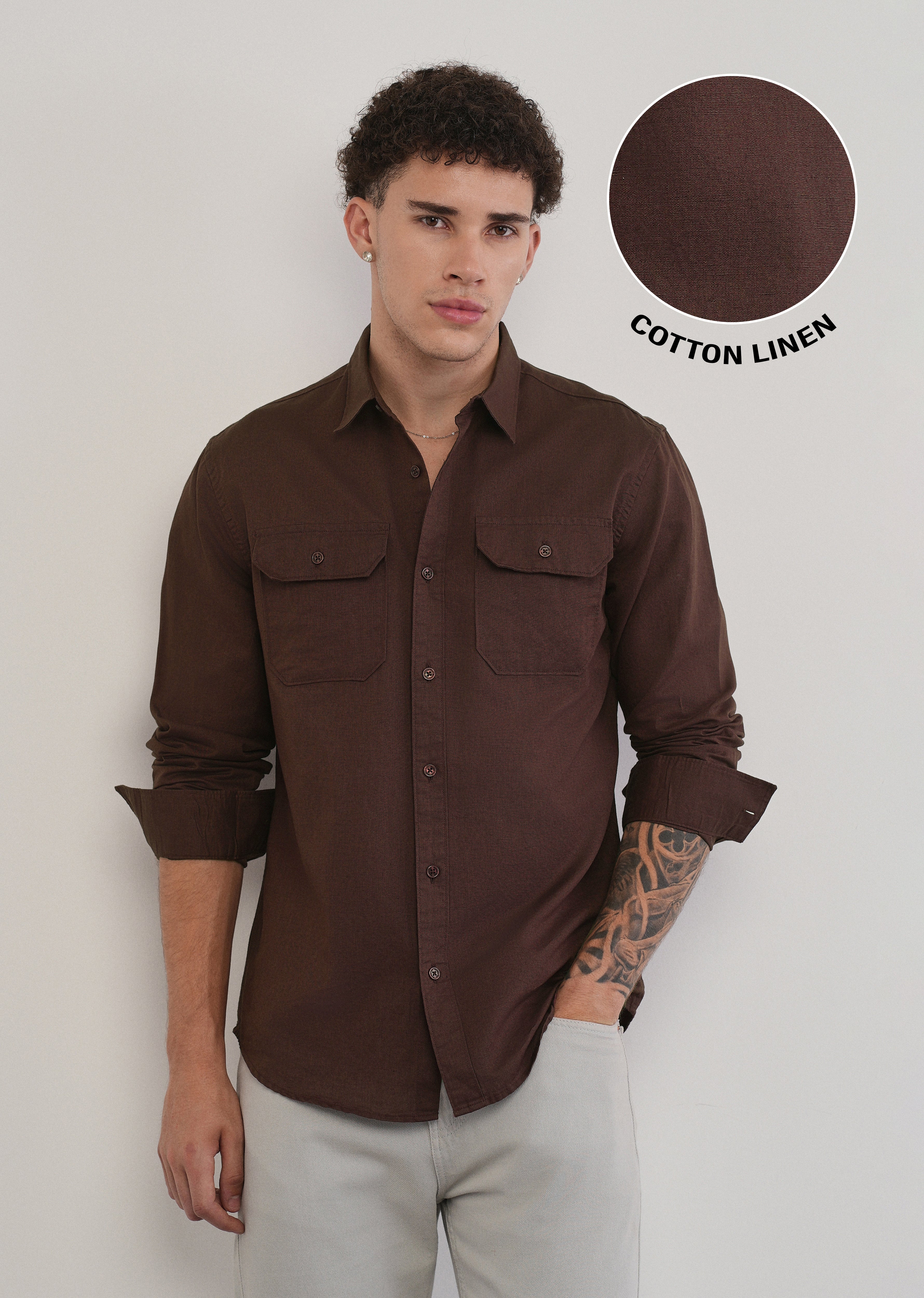 Wine Cotton Linen Flap Pocket Shirt