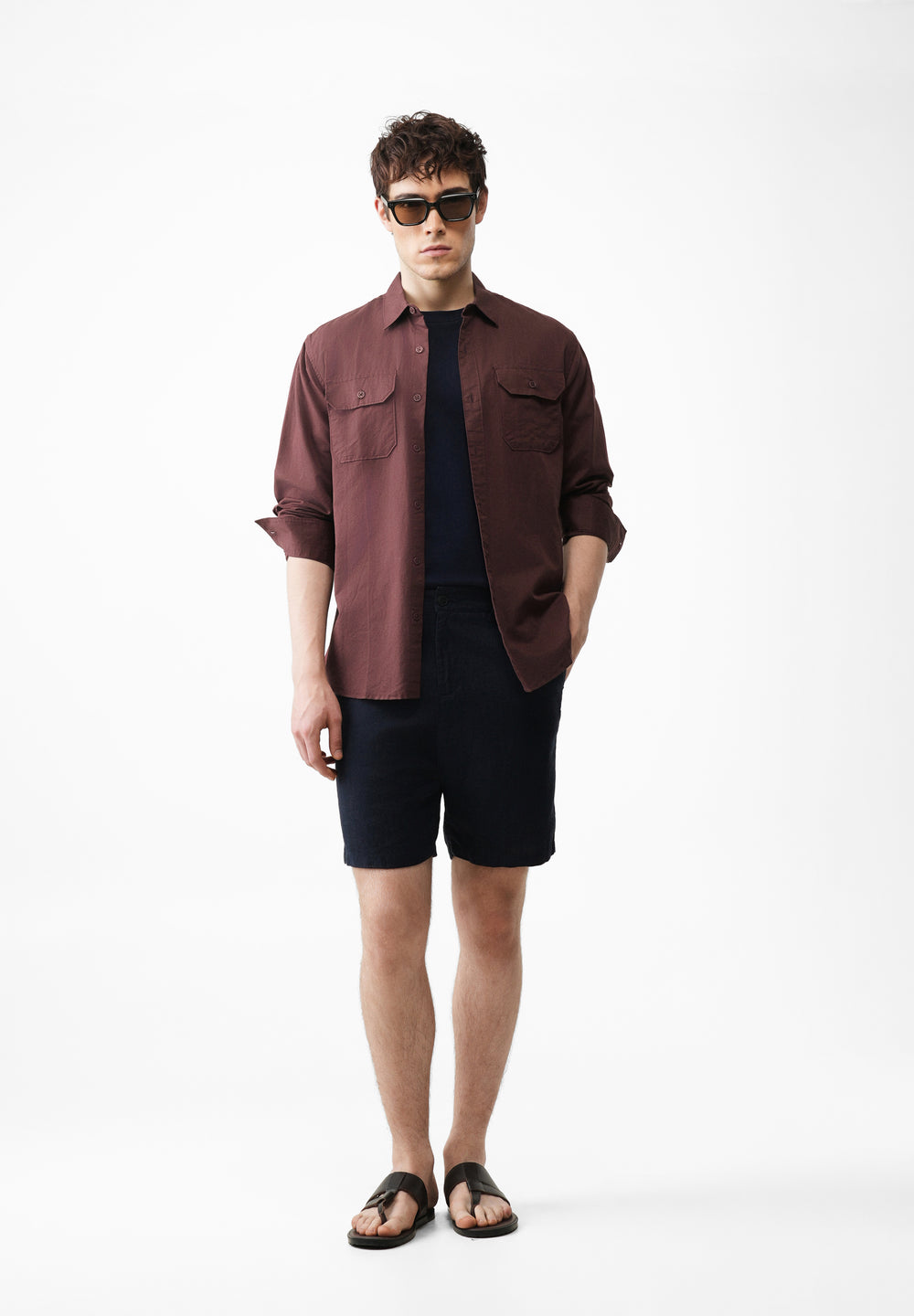 Wine Cotton Linen Flap Pocket Shirt