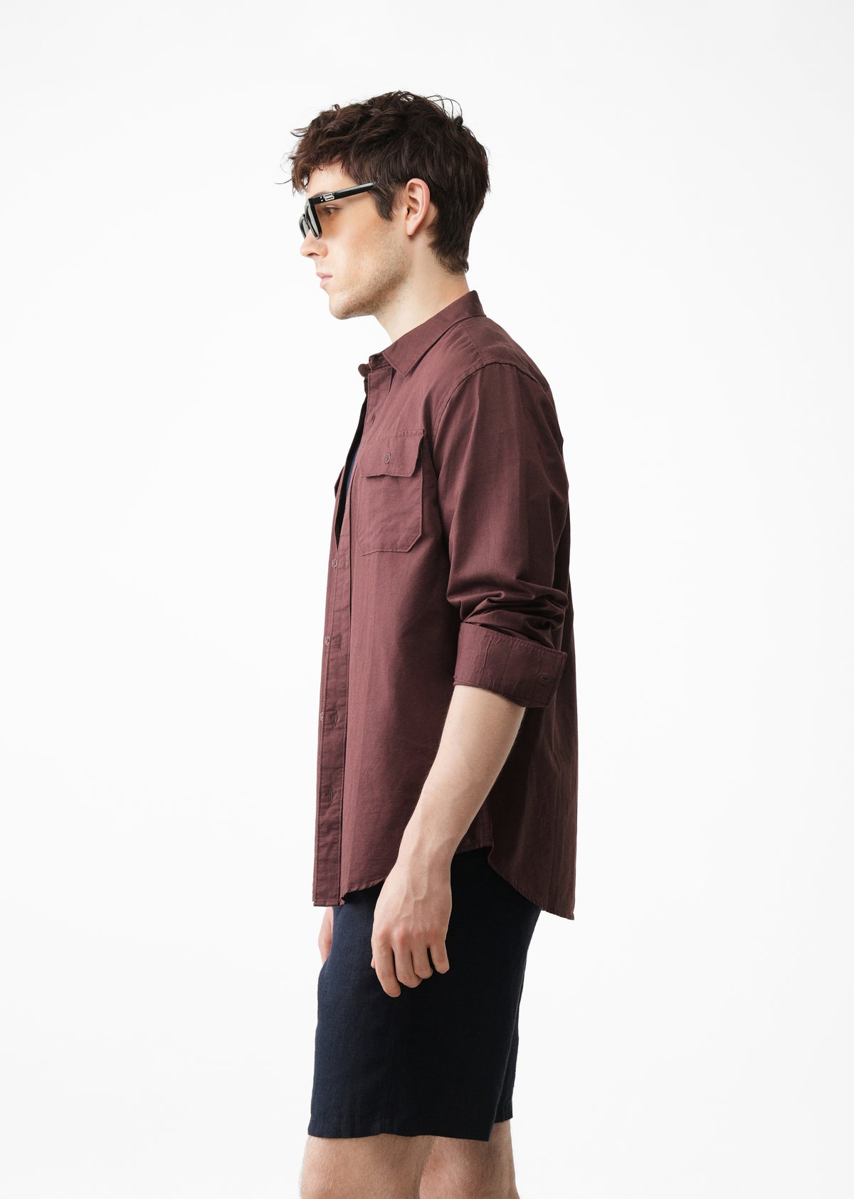 Wine Cotton Linen Flap Pocket Shirt