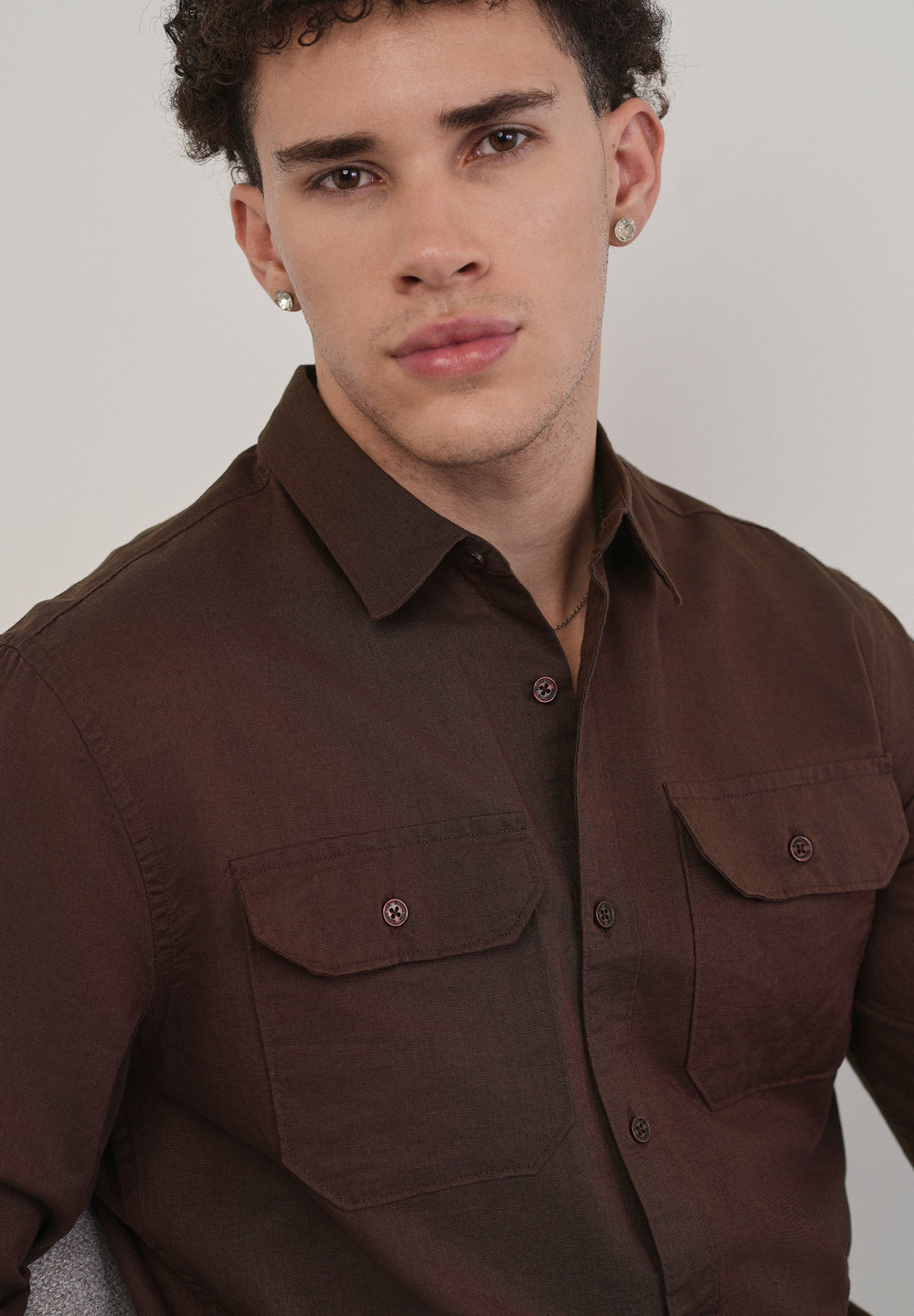 Wine Cotton Linen Flap Pocket Shirt