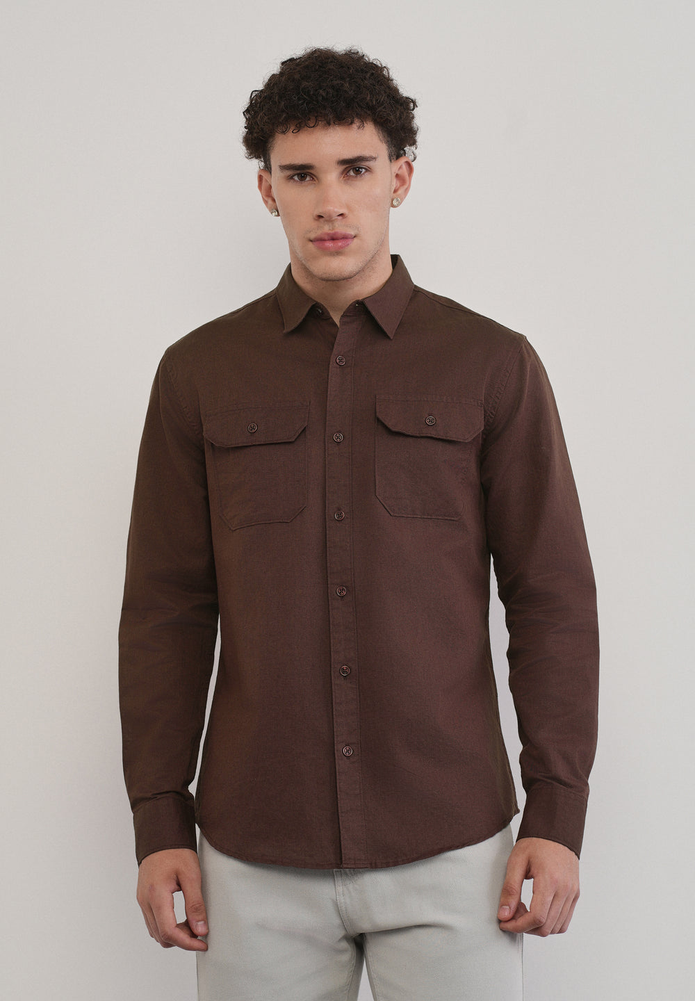Wine Cotton Linen Flap Pocket Shirt