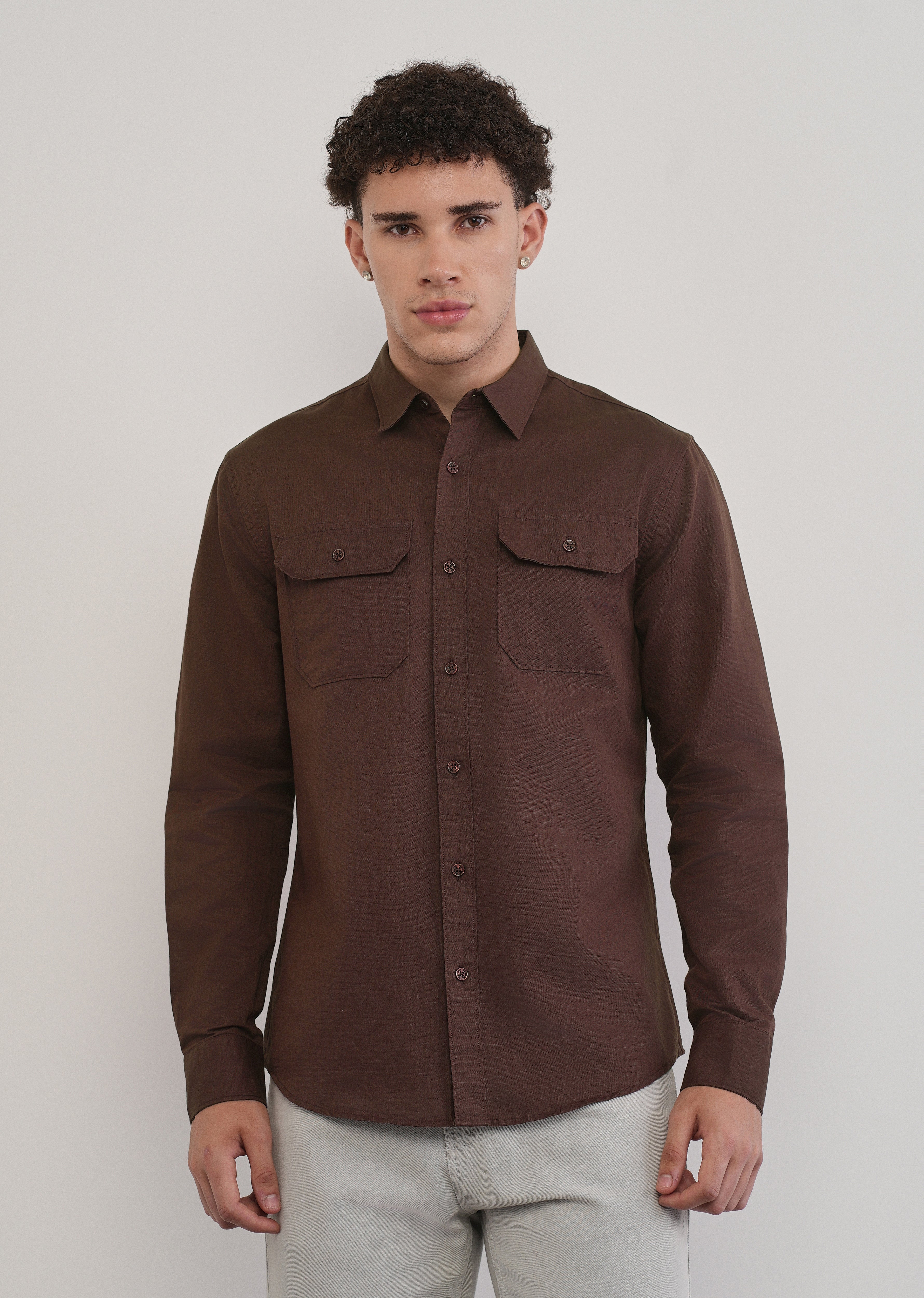 Wine Cotton Linen Flap Pocket Shirt