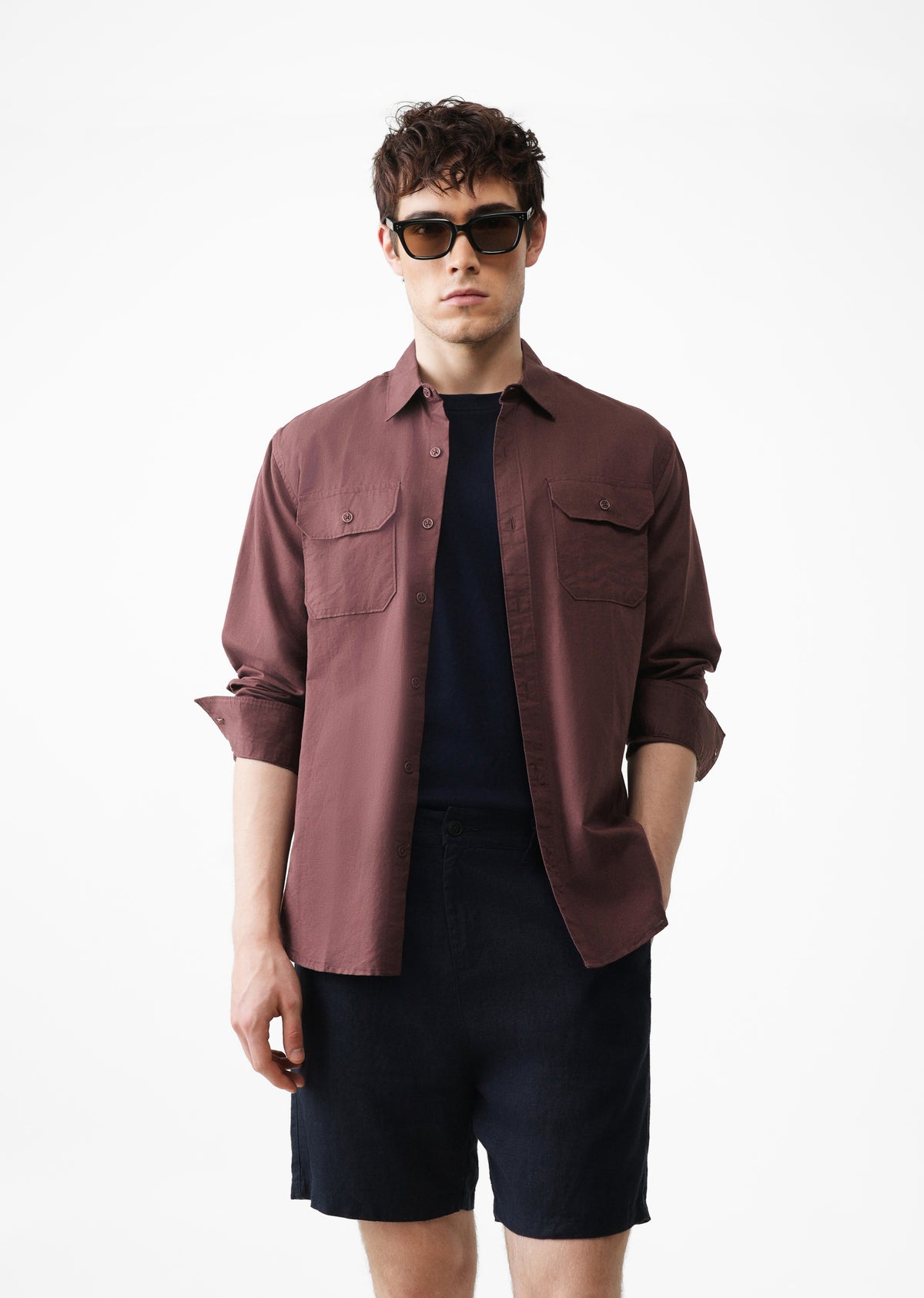 Wine Cotton Linen Flap Pocket Shirt