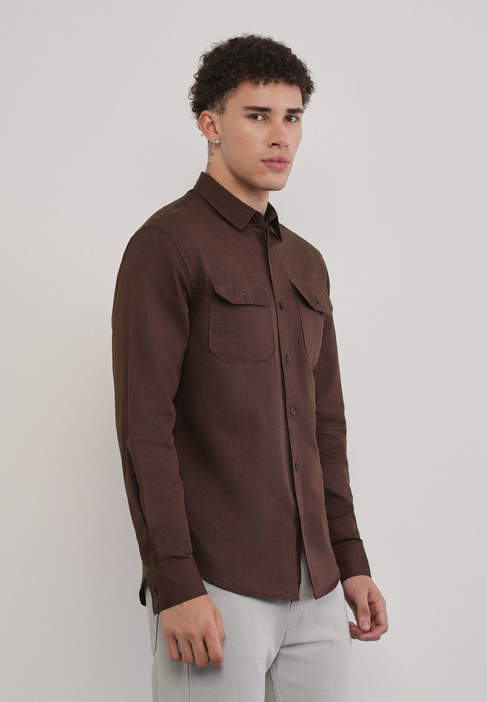 Wine Cotton Linen Flap Pocket Shirt
