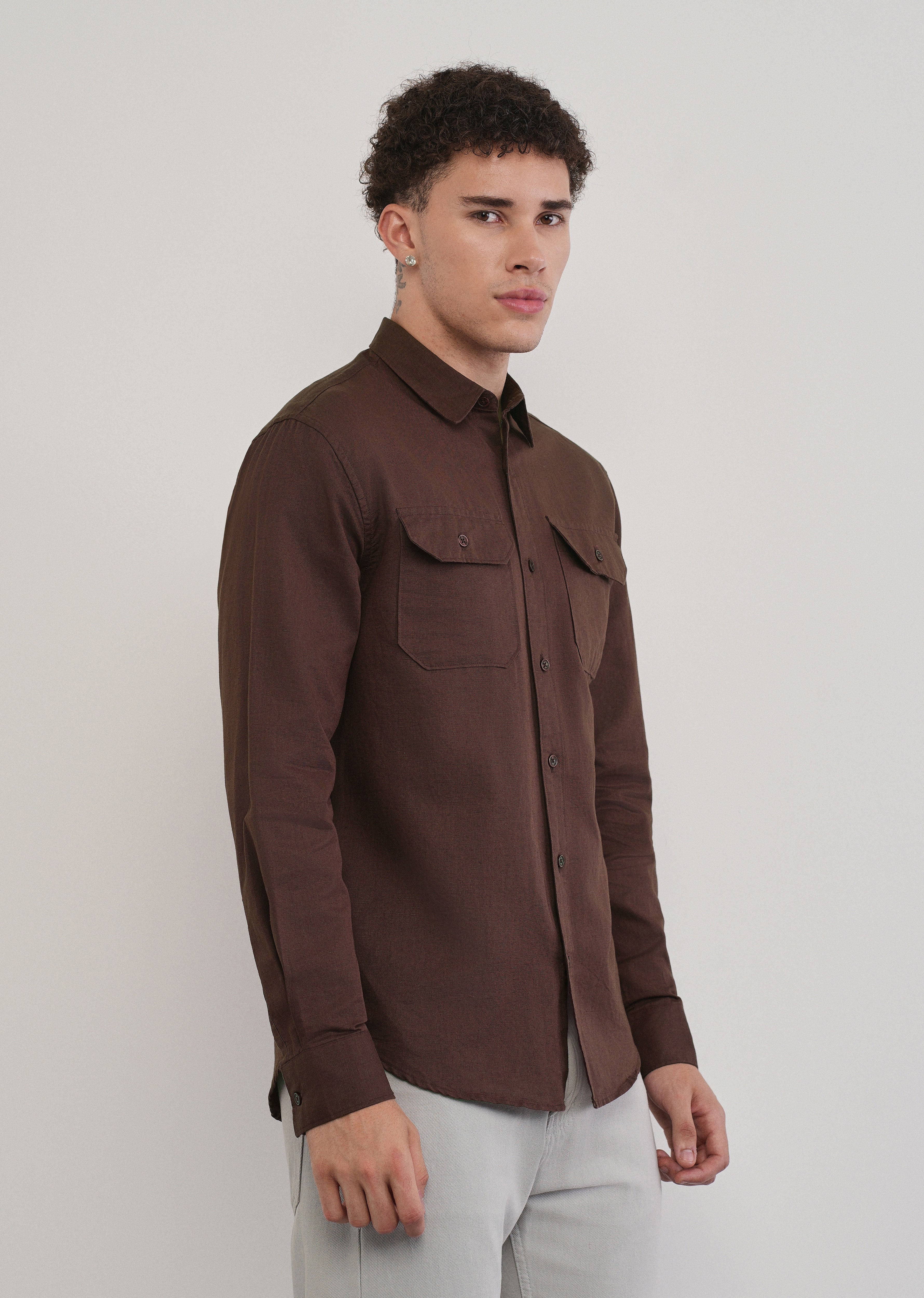 Wine Cotton Linen Flap Pocket Shirt