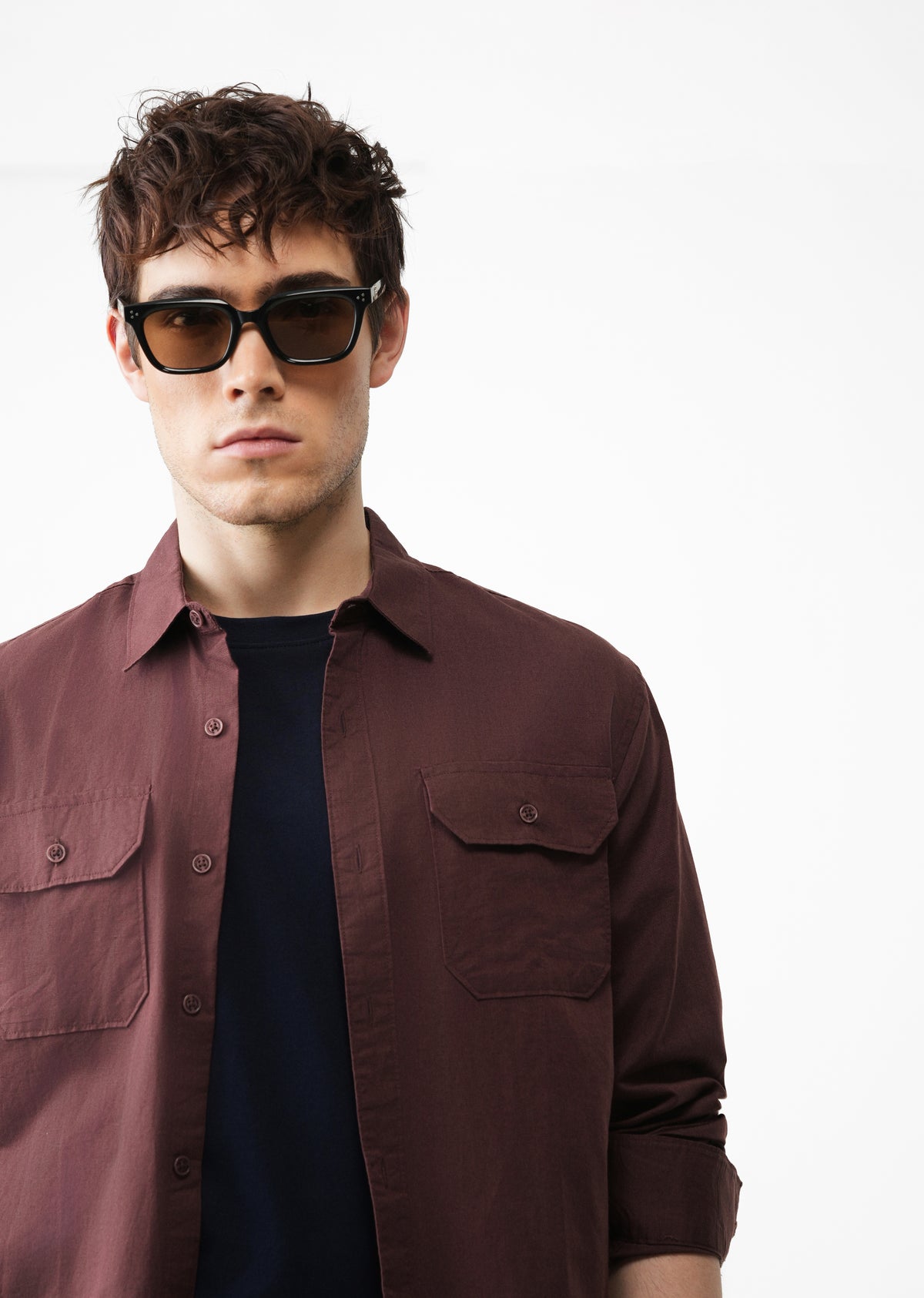 Wine Cotton Linen Flap Pocket Shirt