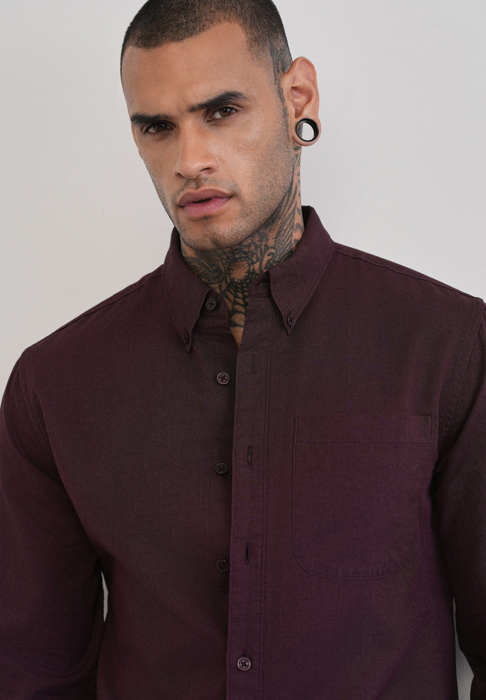 Wine Cotton Linen Plain Shirt