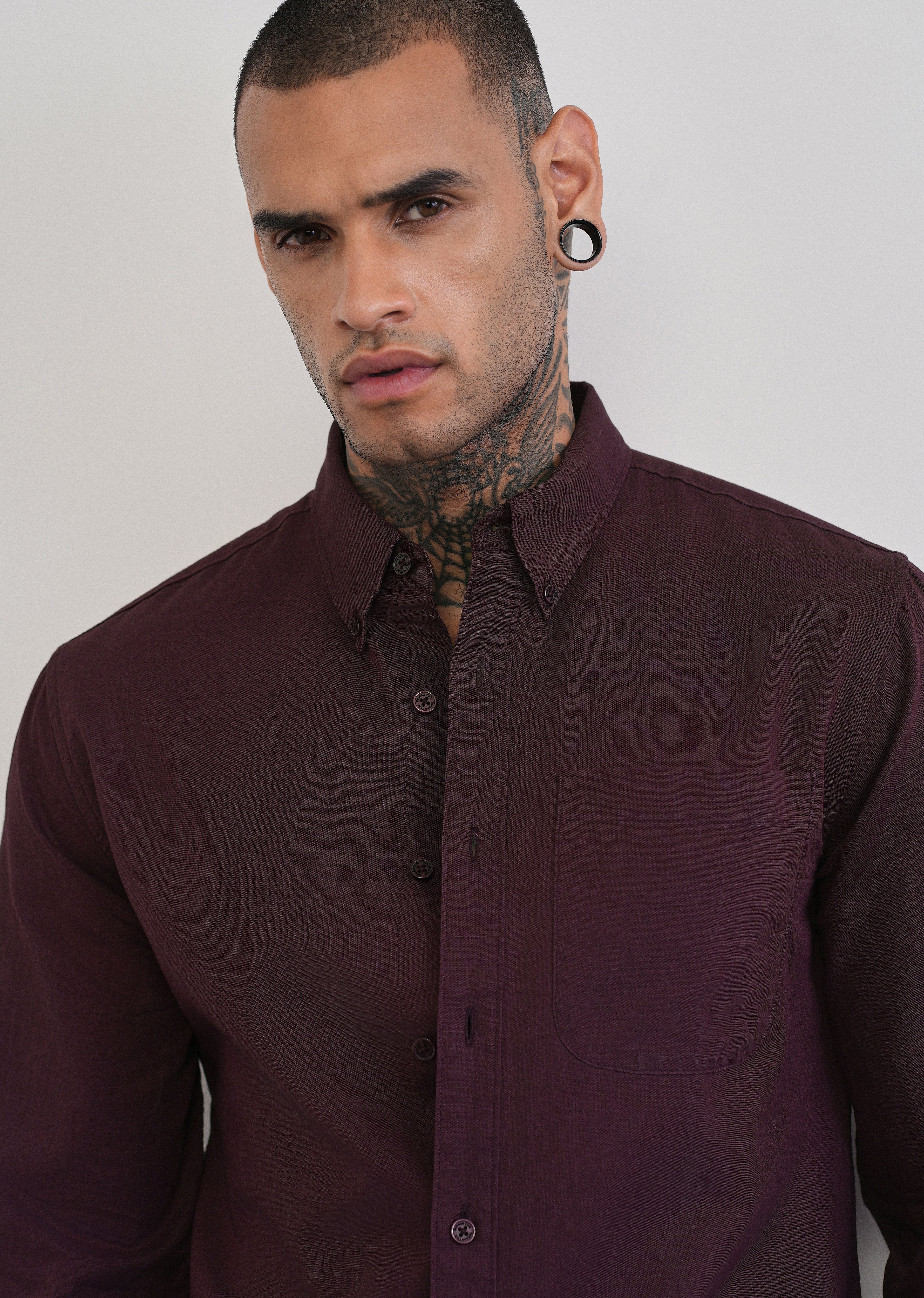 Wine Cotton Linen Plain Shirt