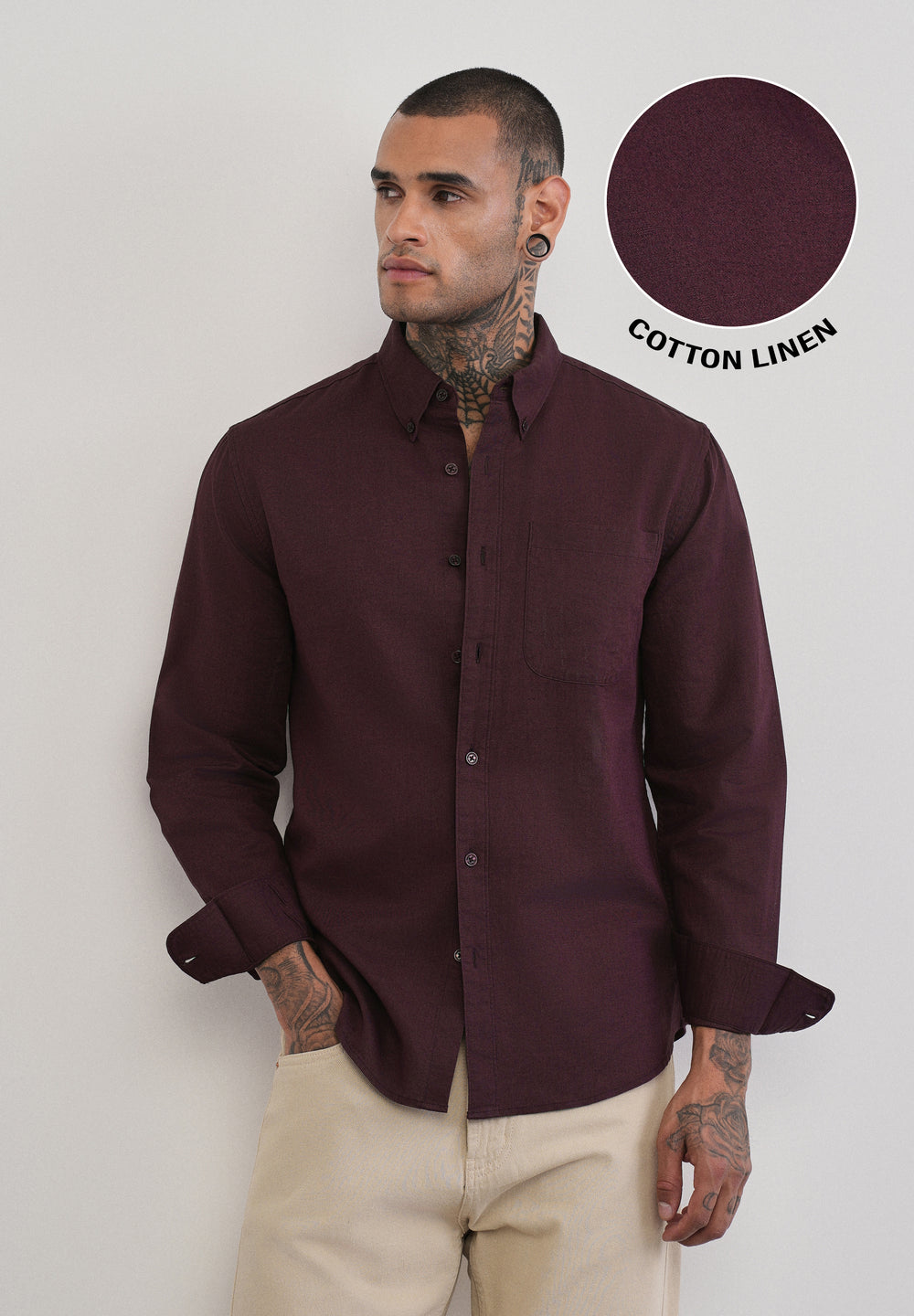 Wine Cotton Linen Plain Shirt