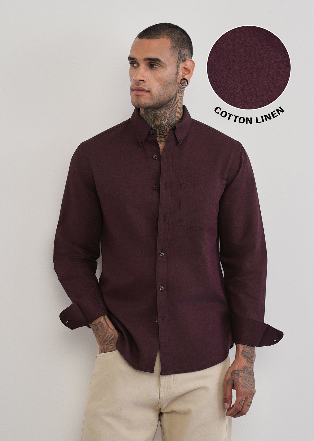 Wine Cotton Linen Plain Shirt