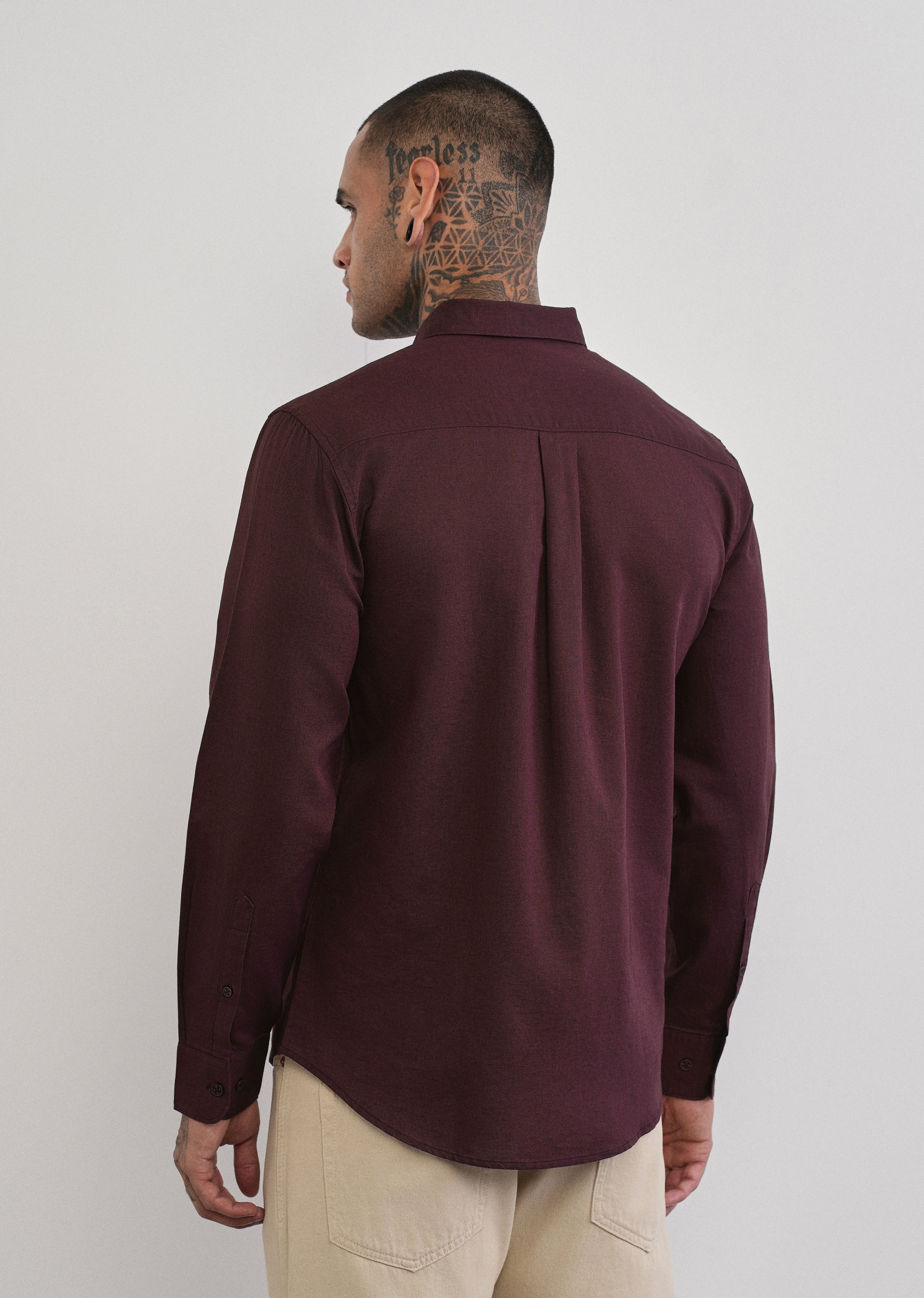 Wine Cotton Linen Plain Shirt