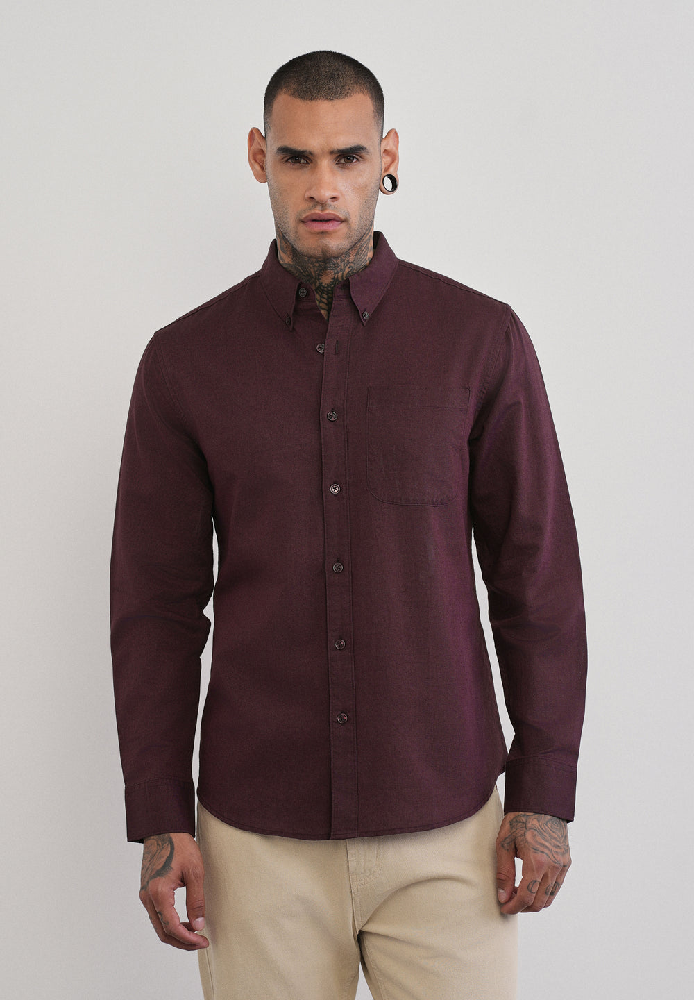 Wine Cotton Linen Plain Shirt