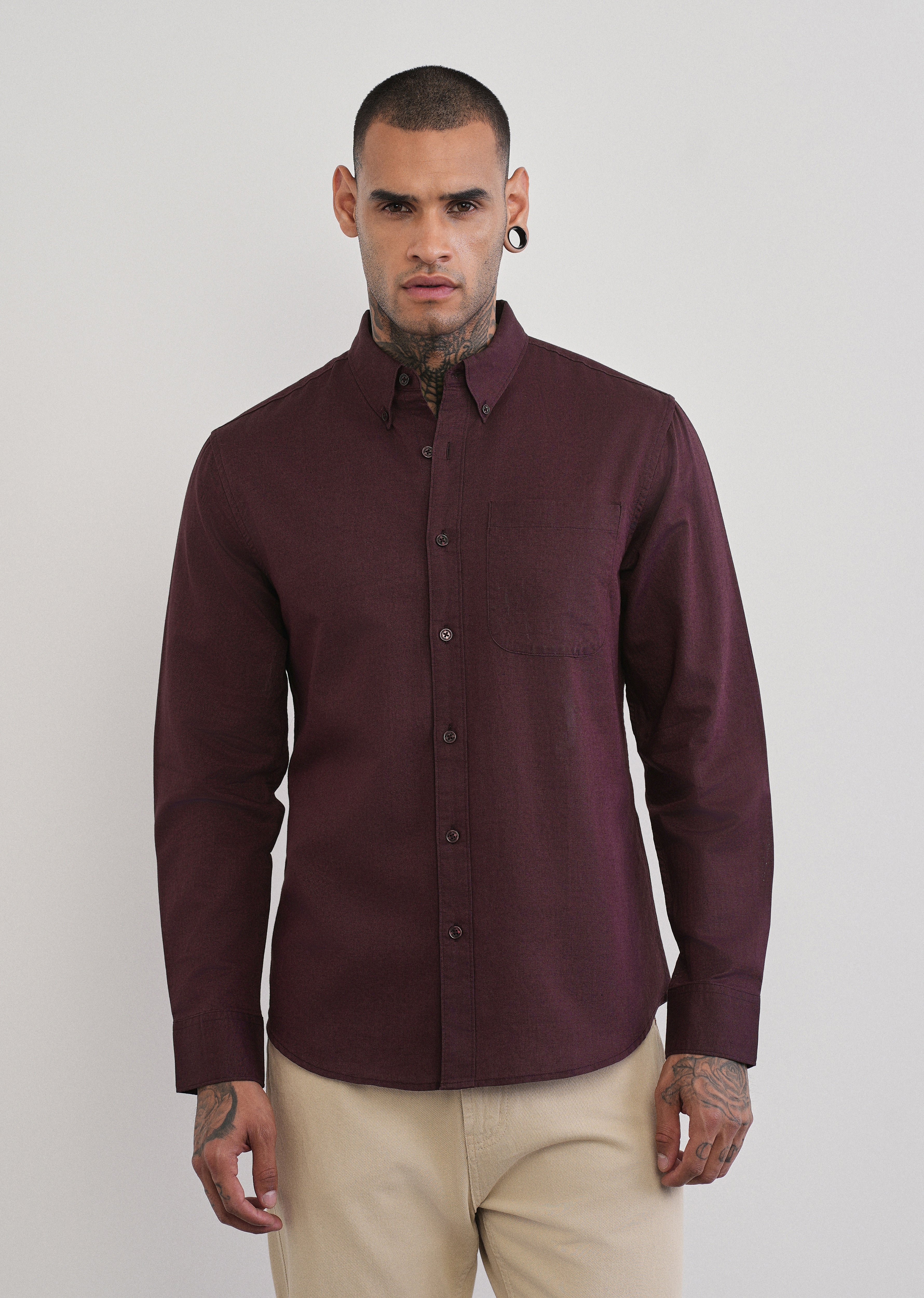 Wine Cotton Linen Plain Shirt