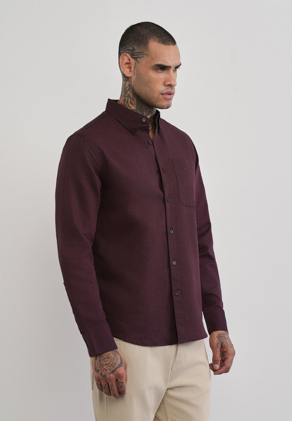 Wine Cotton Linen Plain Shirt