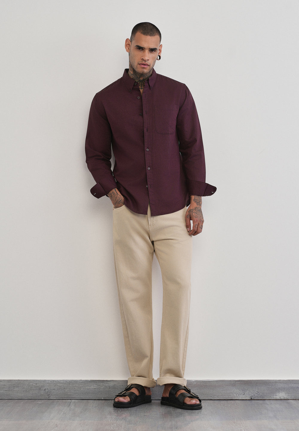 Wine Cotton Linen Plain Shirt