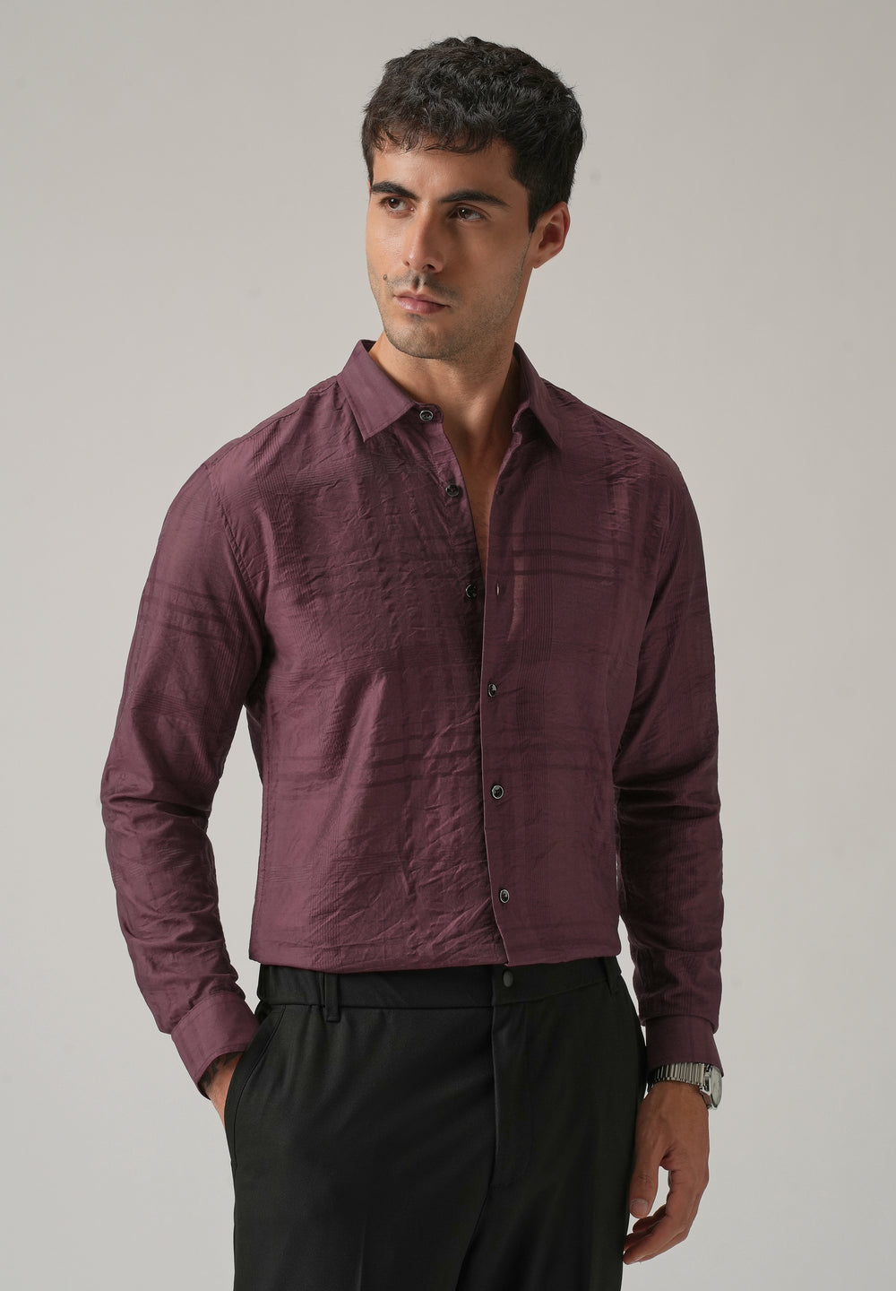 Wine Crinkled Self Stripe Shirt