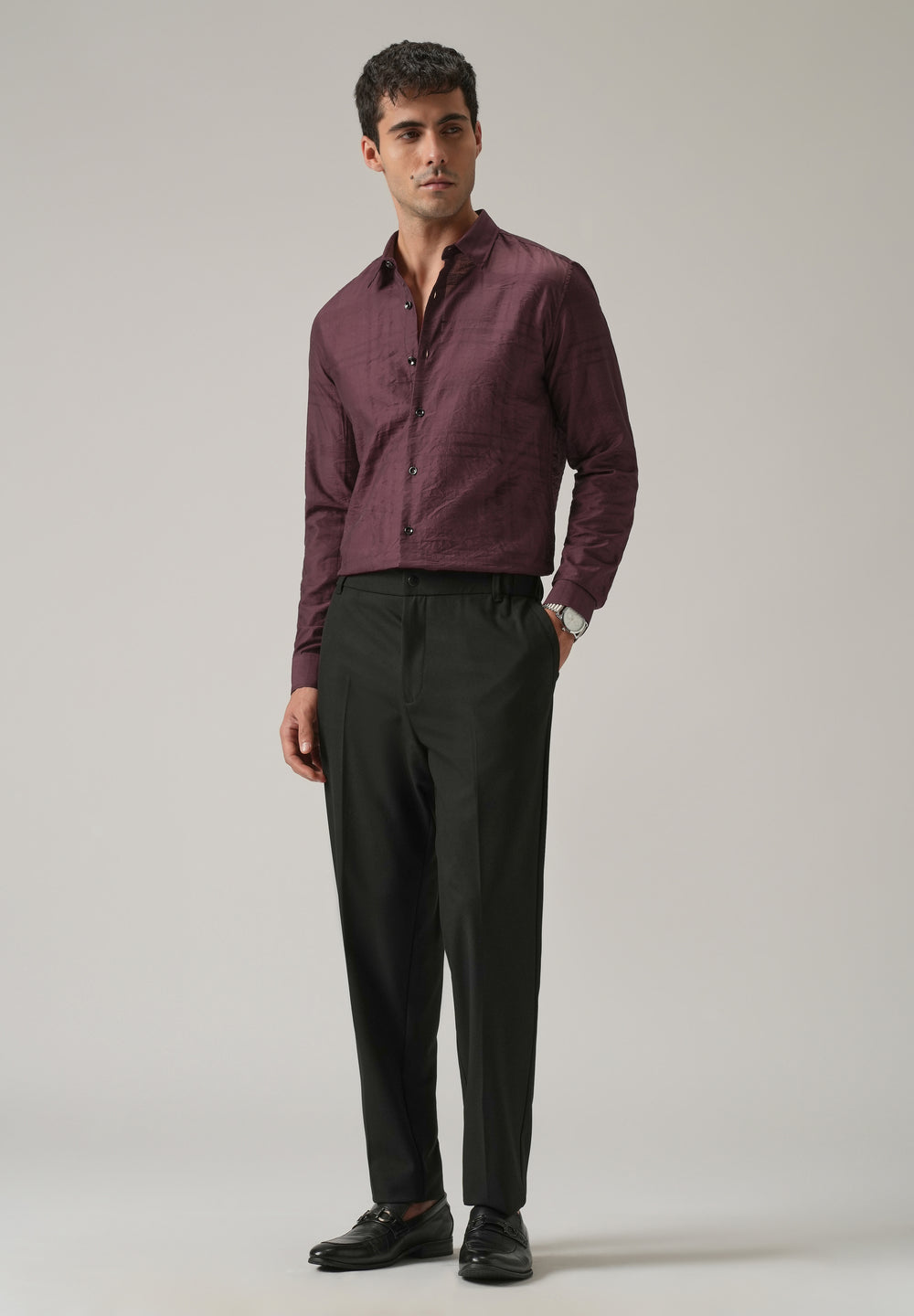 Wine Crinkled Self Stripe Shirt