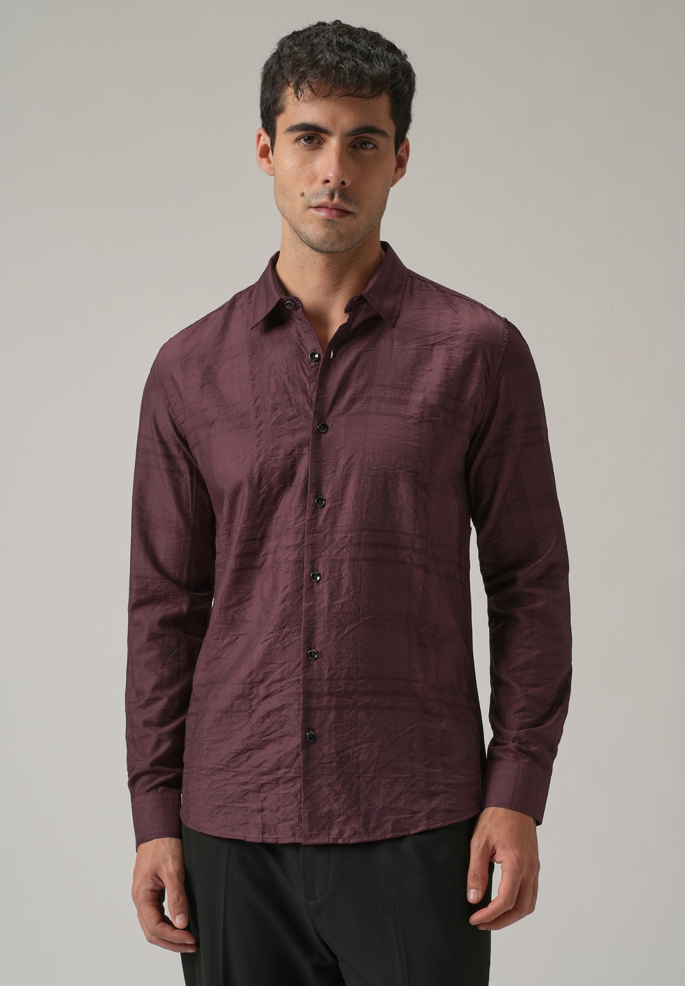 Wine Crinkled Self Stripe Shirt
