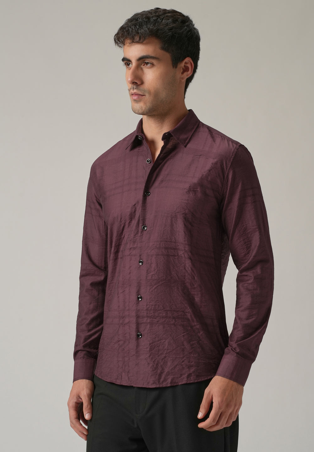 Wine Crinkled Self Stripe Shirt