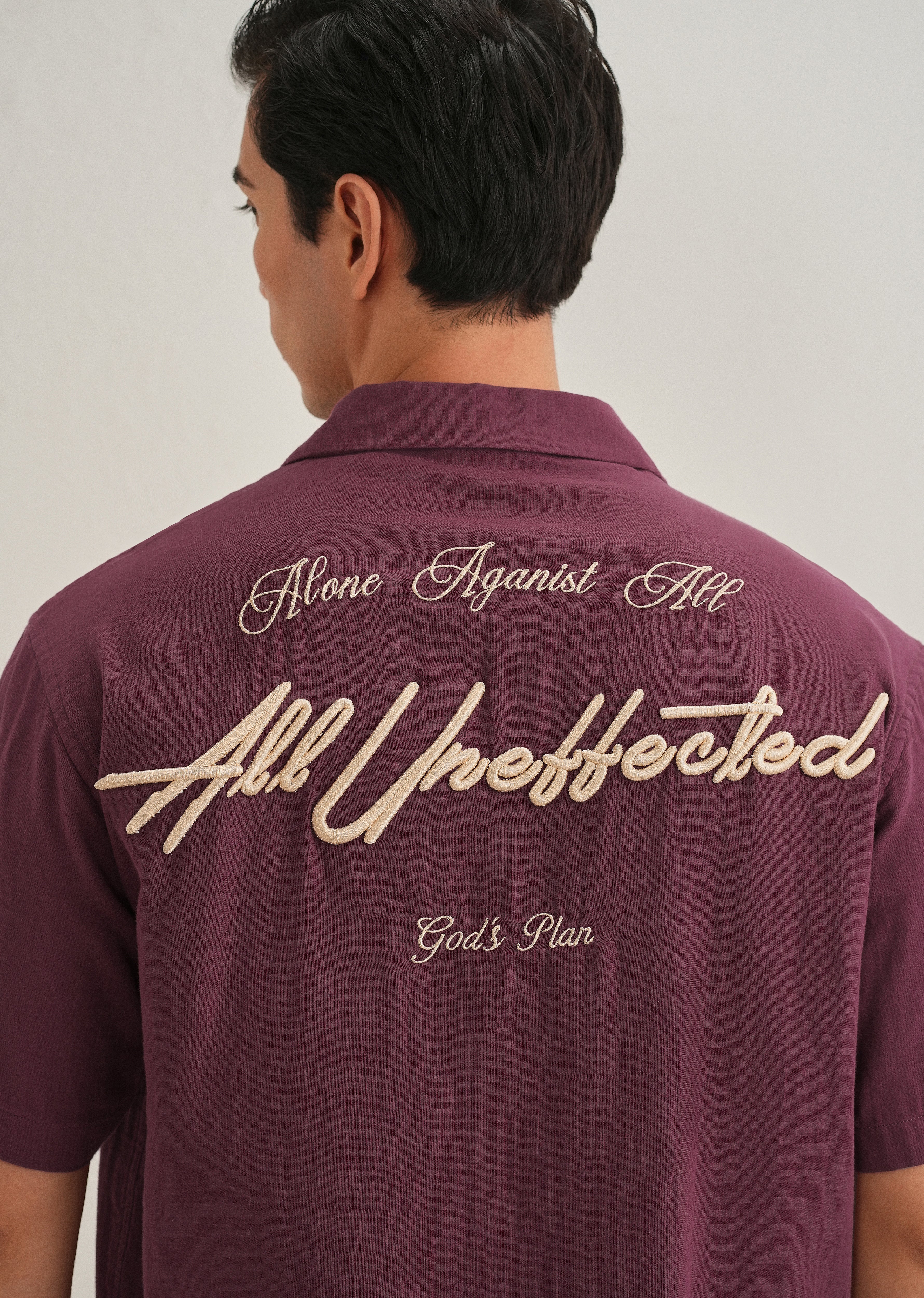 Wine Embroidered Double Cloth Cotton Shirt