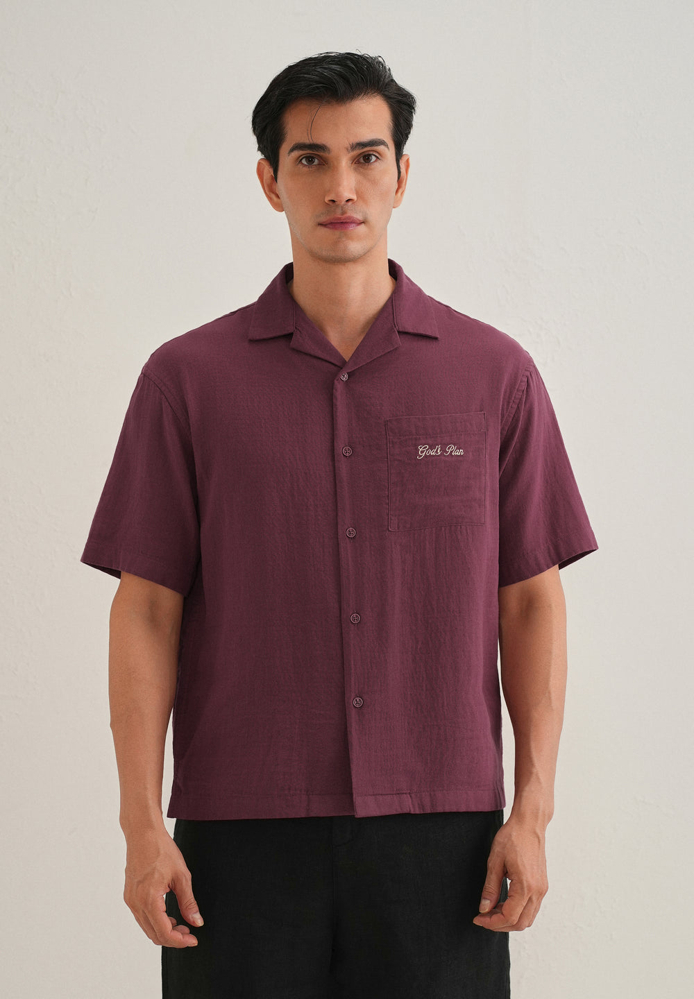 Wine Embroidered Double Cloth Cotton Shirt