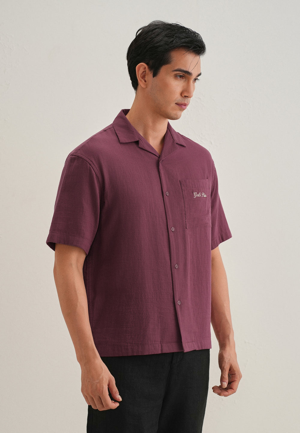 Wine Embroidered Double Cloth Cotton Shirt