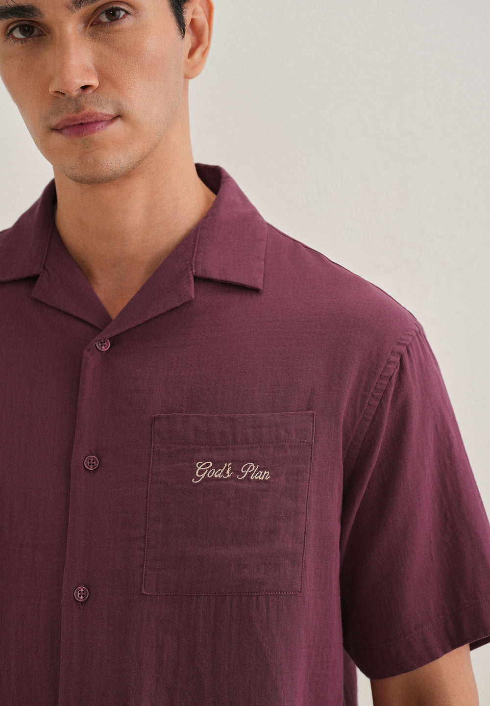 Wine Embroidered Double Cloth Cotton Shirt