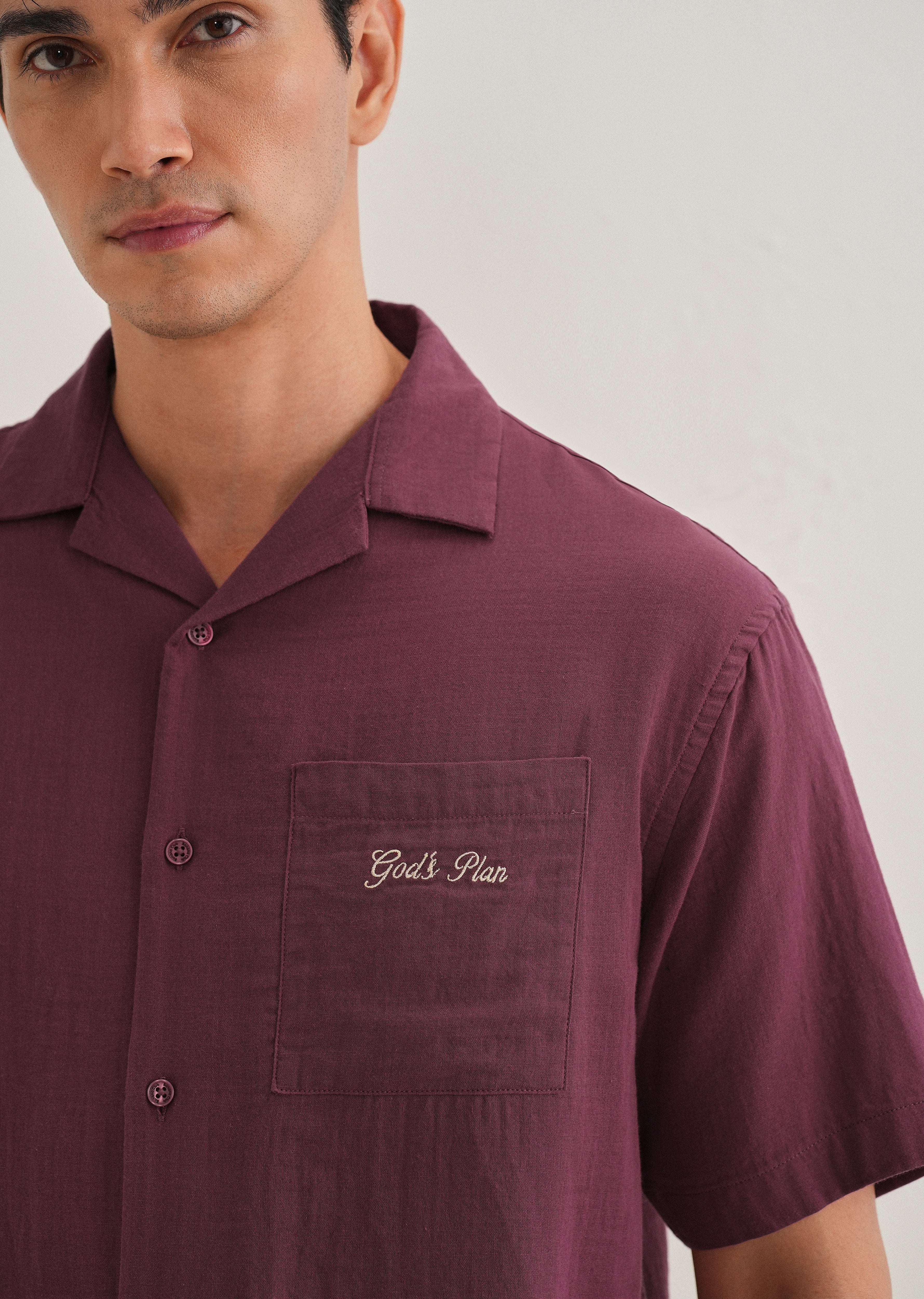 Wine Embroidered Double Cloth Cotton Shirt